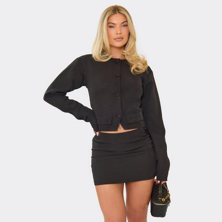 Long Sleeve Button Front Tailored Blazer And Mini Skirt Co-Ord Set In Black, Women's Size US