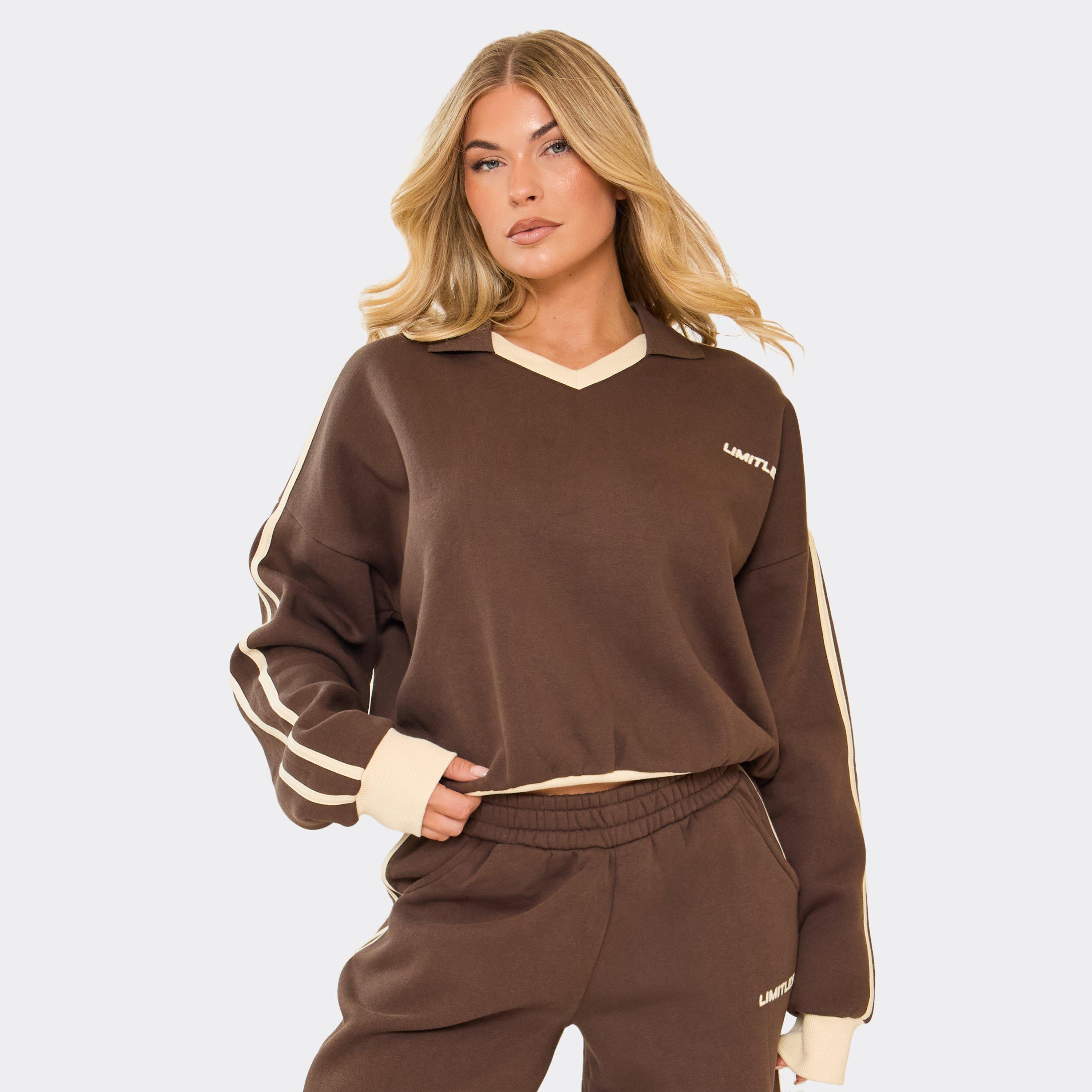 Long Sleeve V Neck Contrast Collar Oversized Jumper In Chocolate Brown, Women’s