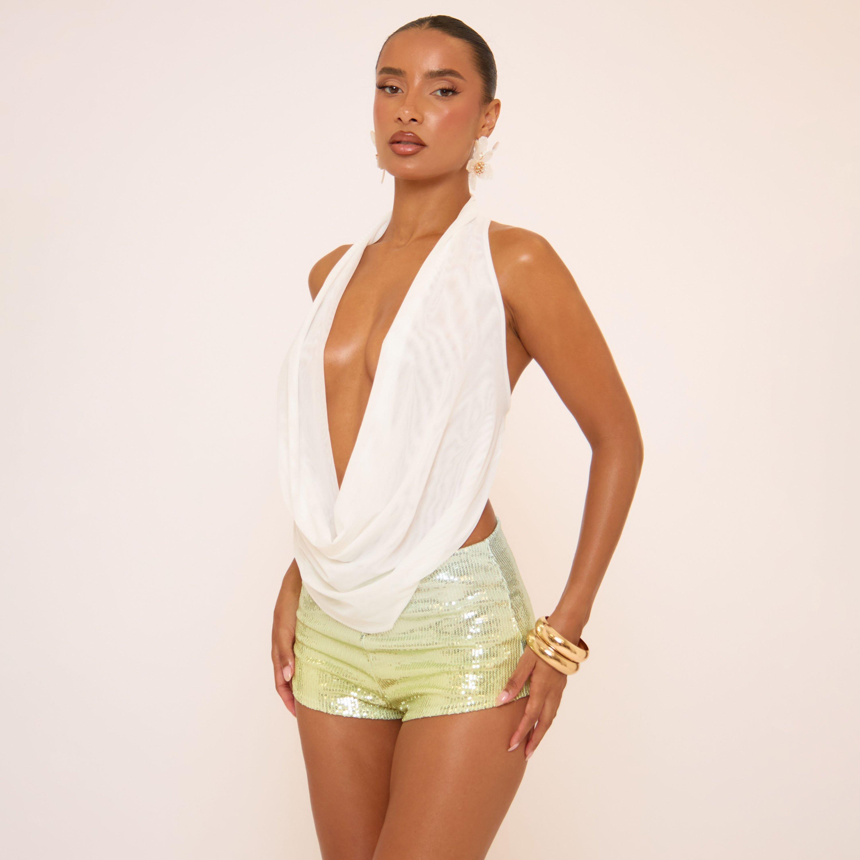 Mid Rise Hot Pant Shorts In Green Multi Sequin, Women’s