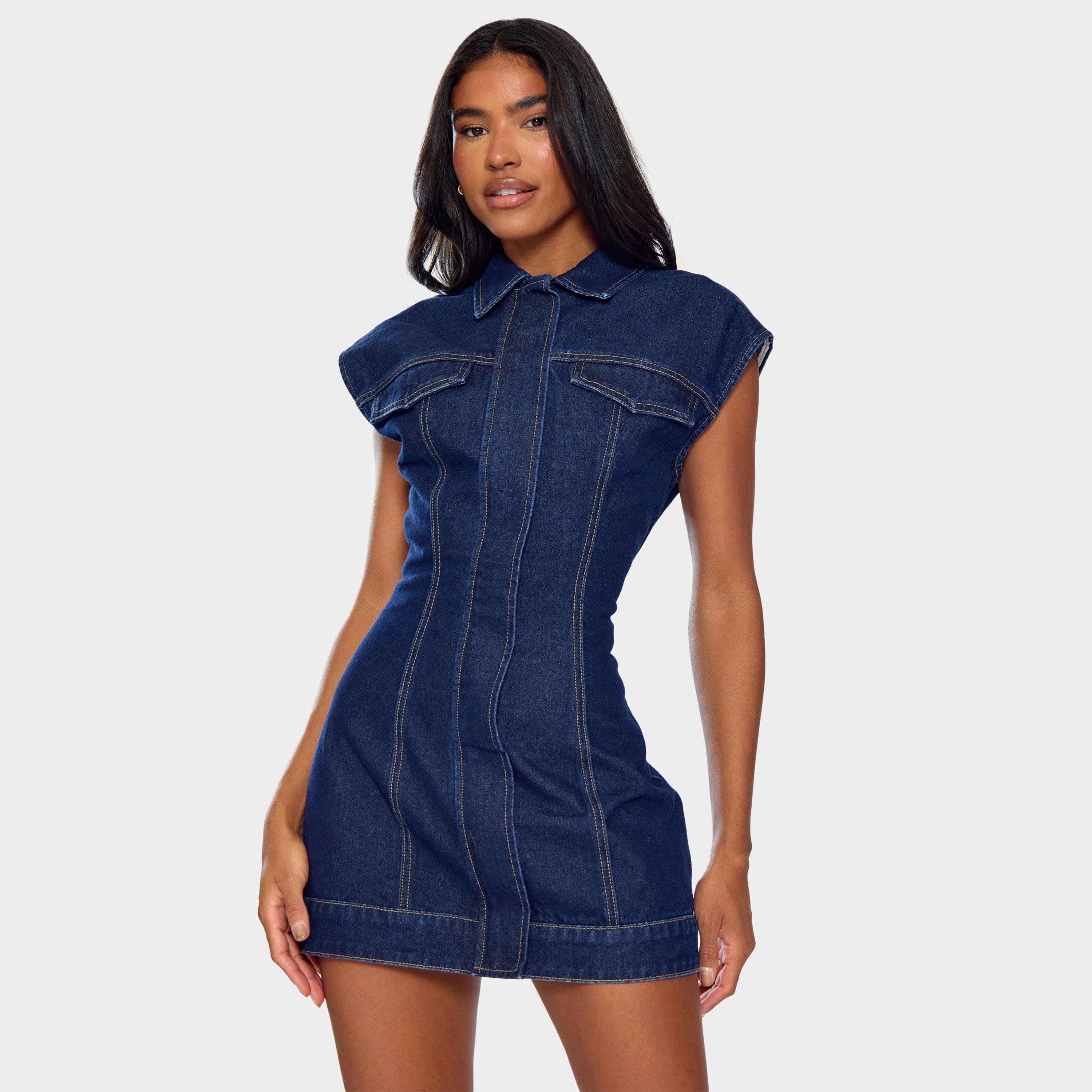 Short Sleeve Cinched Waist Detail Mini Dress In Indigo Blue Denim, Women’s