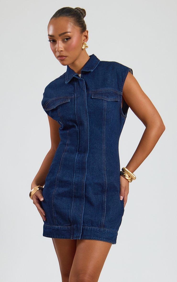 Short Sleeve Cinched Waist Detail Mini Dress In Indigo Blue Denim.