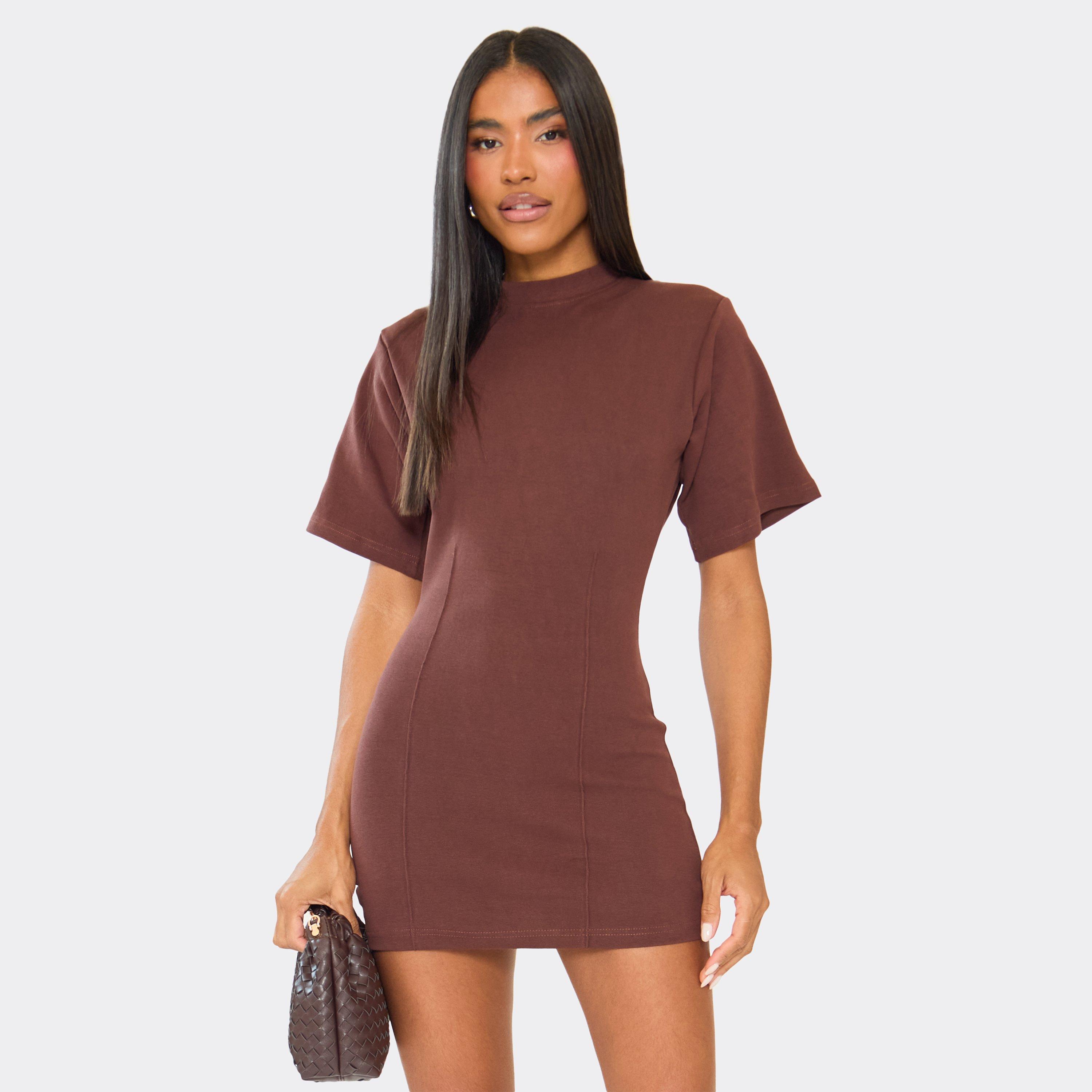 Short Boxy Sleeve Shoulder Pads Seam Detail Sweat Mini Dress In Brown, Women's Size UK 12