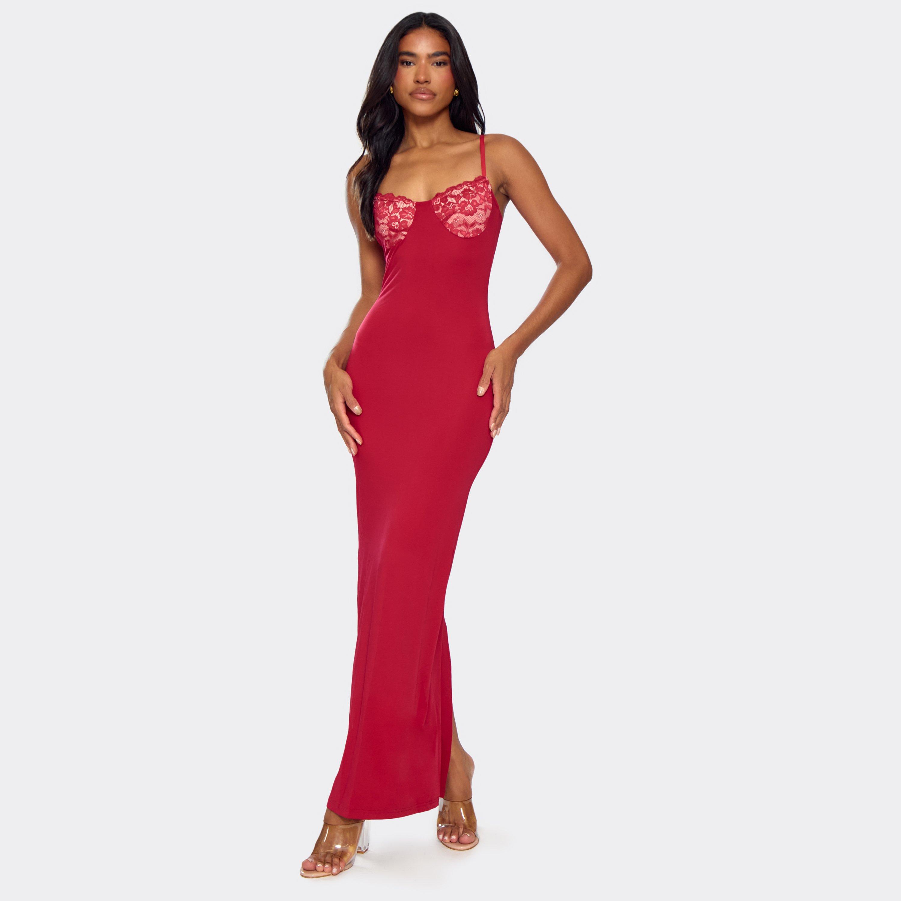 Contrast Lace Detail Strappy Maxi Dress In Red, Women's Size UK L