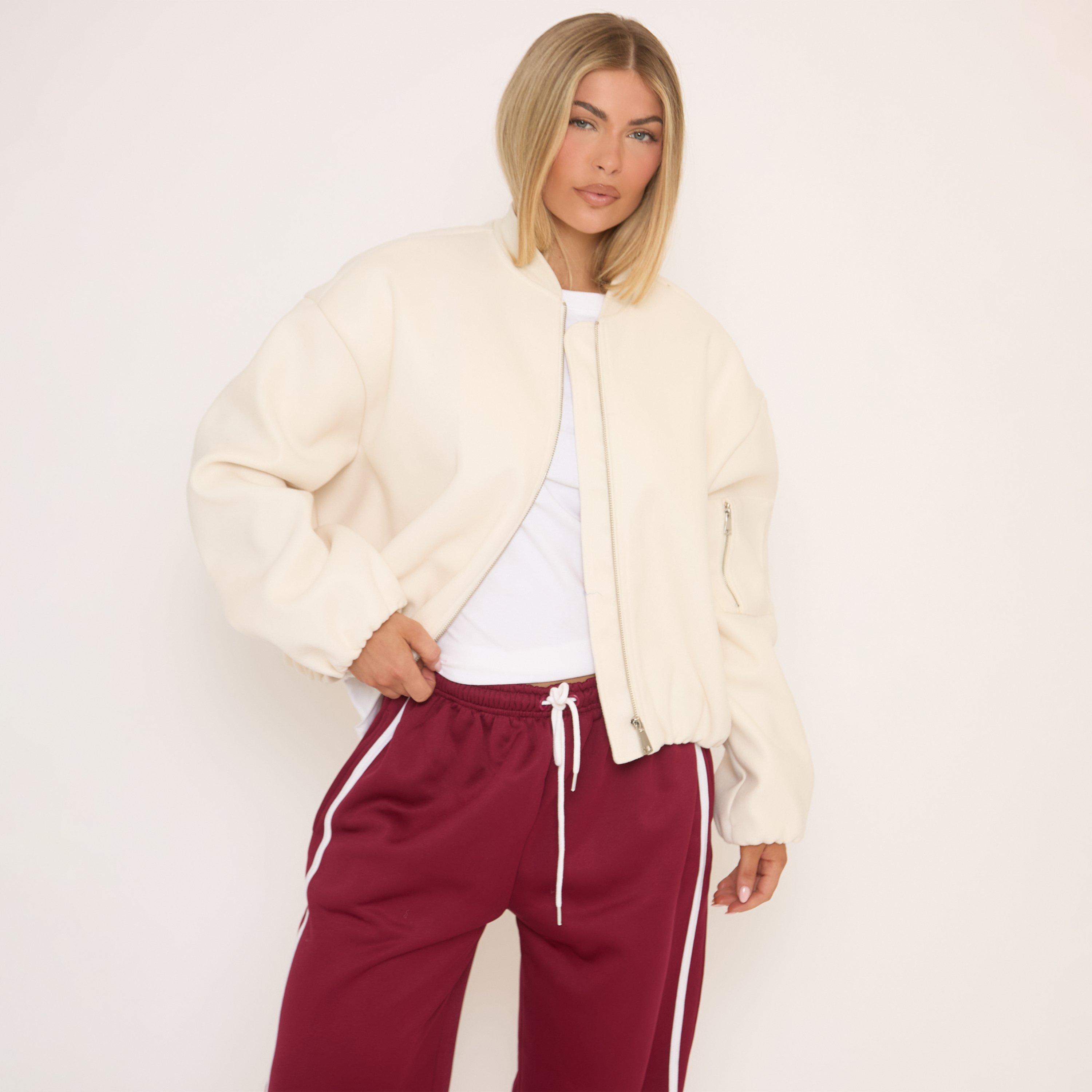 Zip Front Brushed Bomber Jacket In Cream. | EGO US | EGO