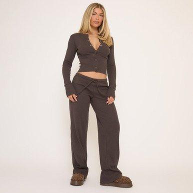 Image of Mid Rise Drawstring Waist Straight Leg Trousers In Brown Ribbed, Women's