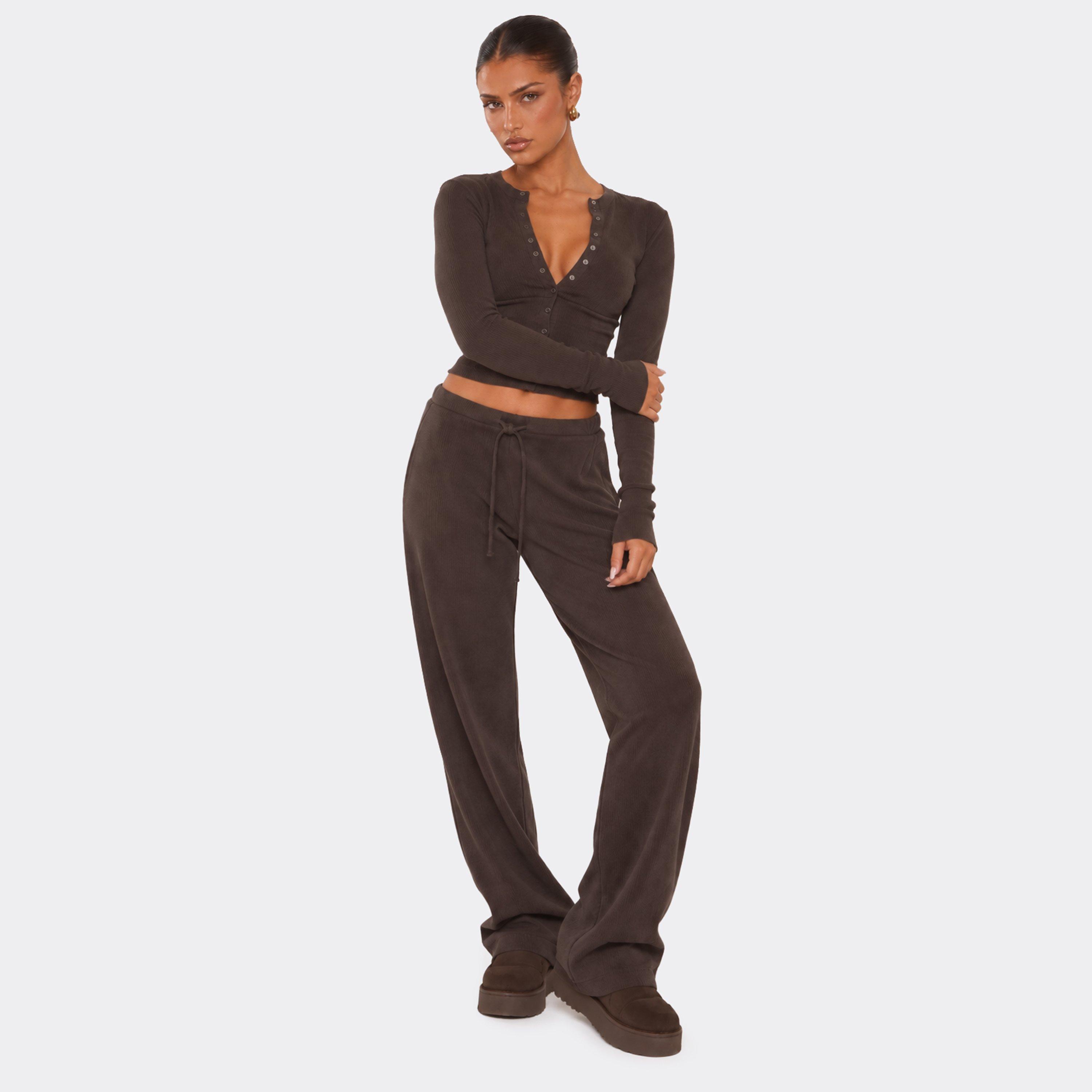 Mid Rise Drawstring Waist Straight Leg Trousers In Brown Ribbed, Women's Size UK 8