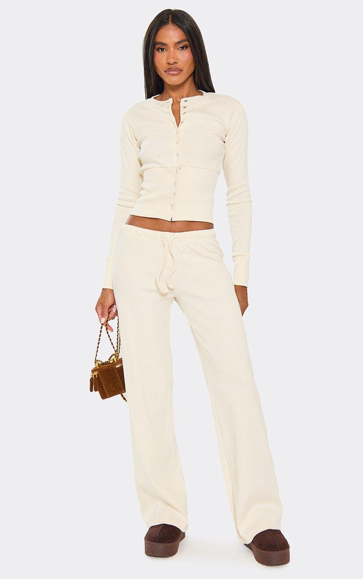 Drawstring Waist Straight Leg Trousers In Cream Ribbed.