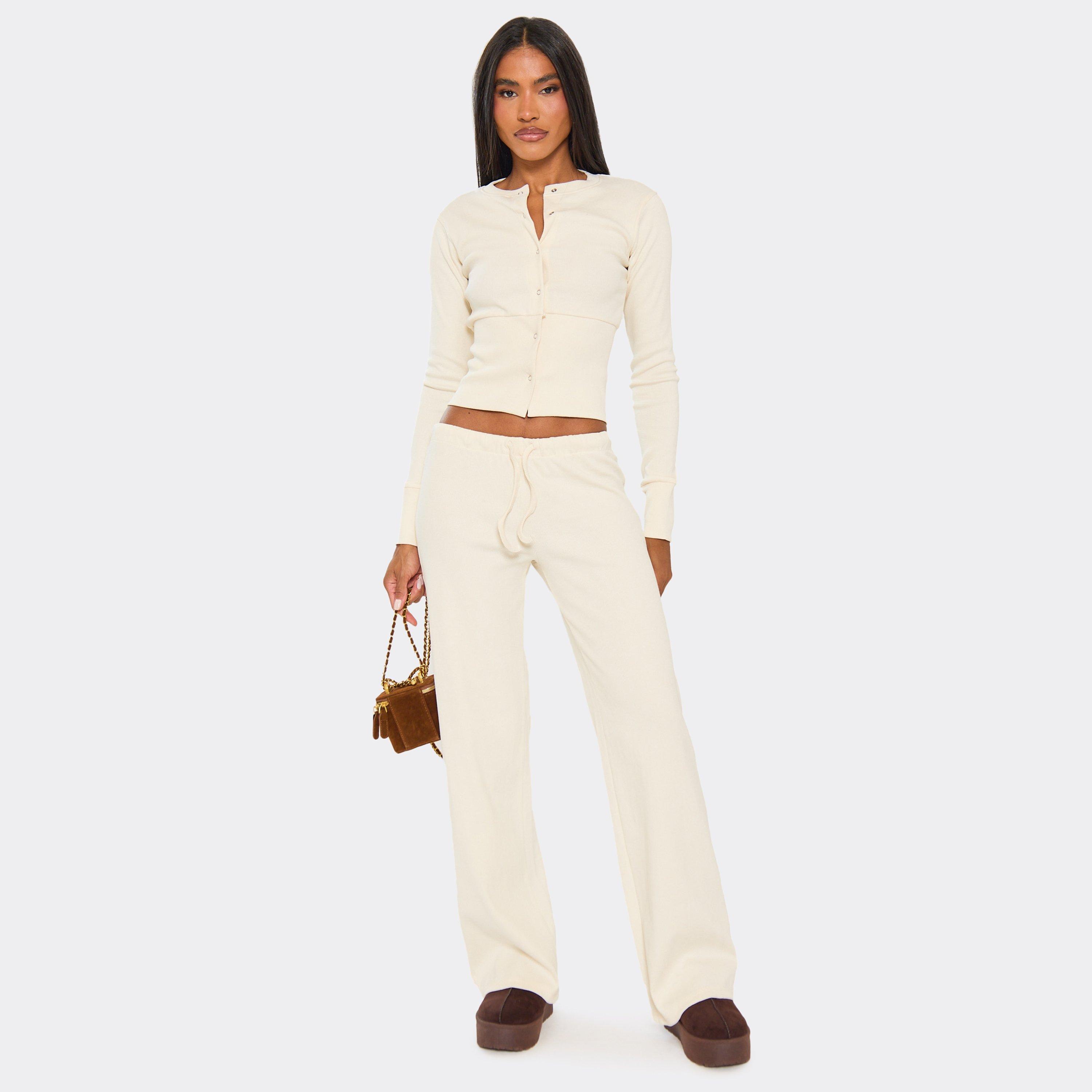 Image of Drawstring Waist Straight Leg Trousers In Cream Ribbed, Women's