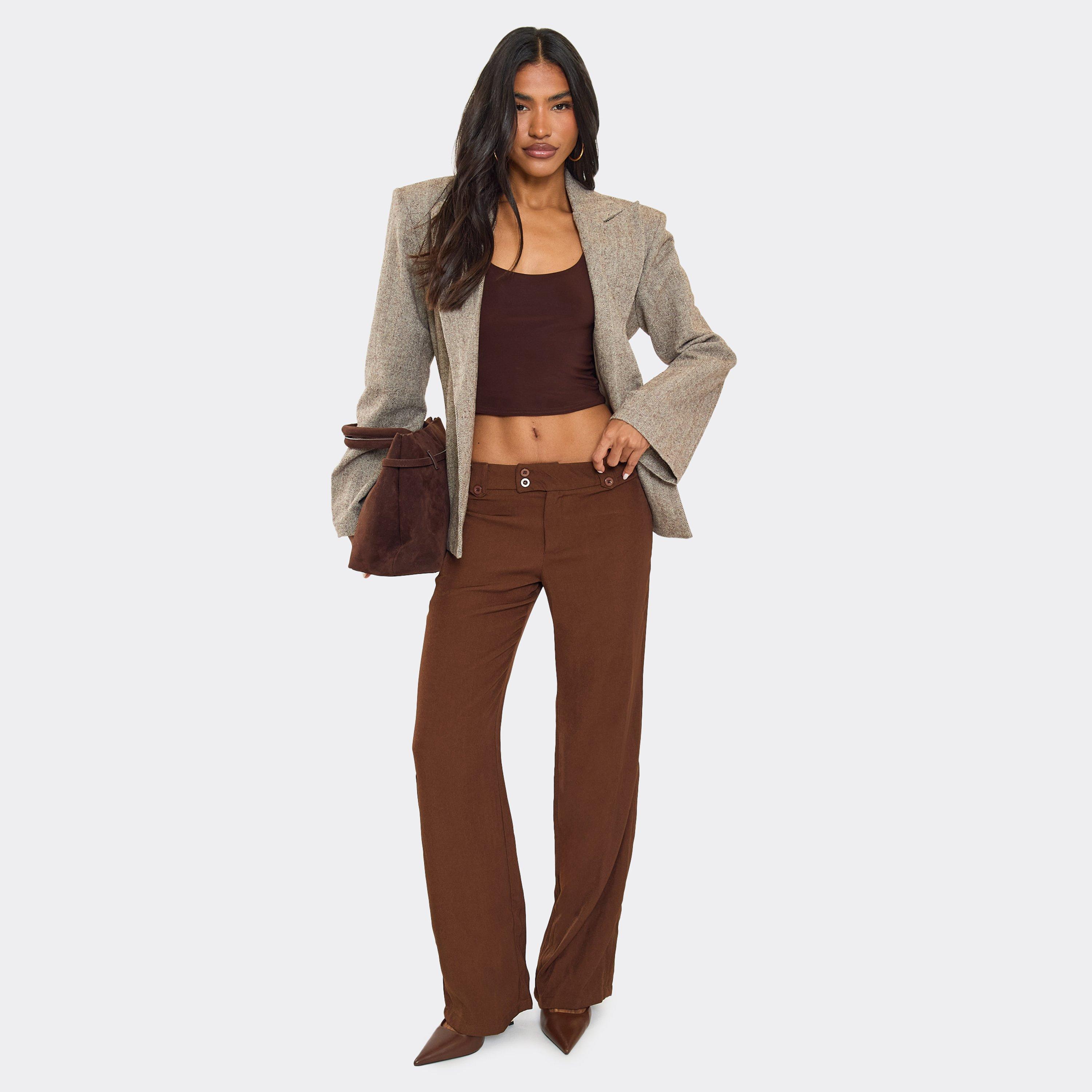 Image of Low Rise Tailored Straight Leg Trousers In Chocolate Brown, Women's