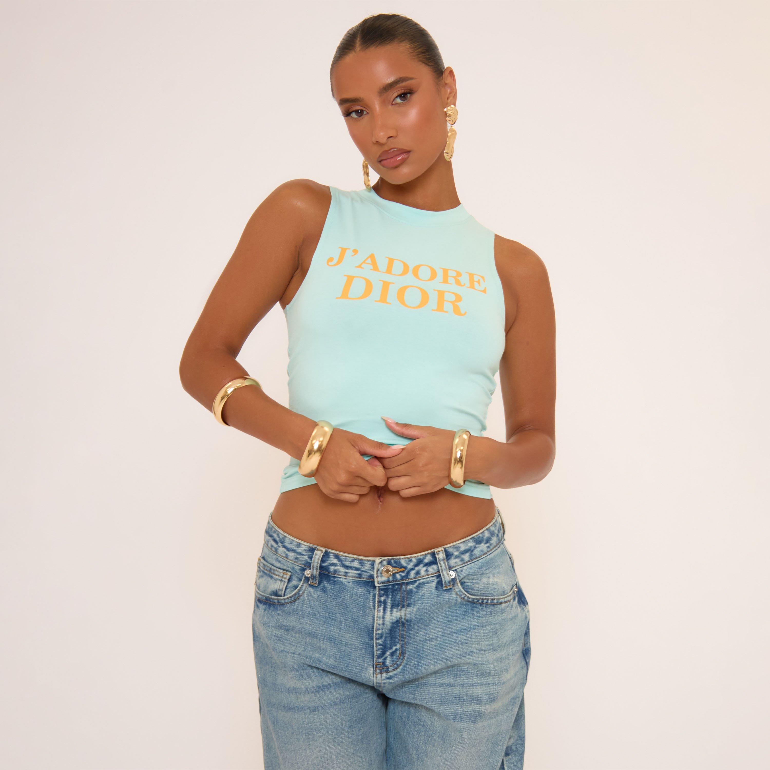 Image of Racer Neck Slogan Print Detail Vest Top In Turquoise Blue, Women's