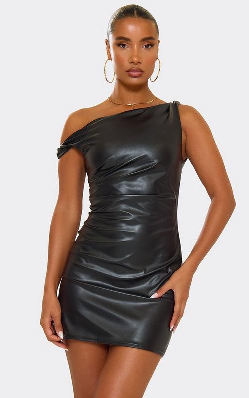 black long sleeve chiffon ruched bodycon dress Lace Up Detail Mini In Faux Leather | EGO US Size:US 16 W