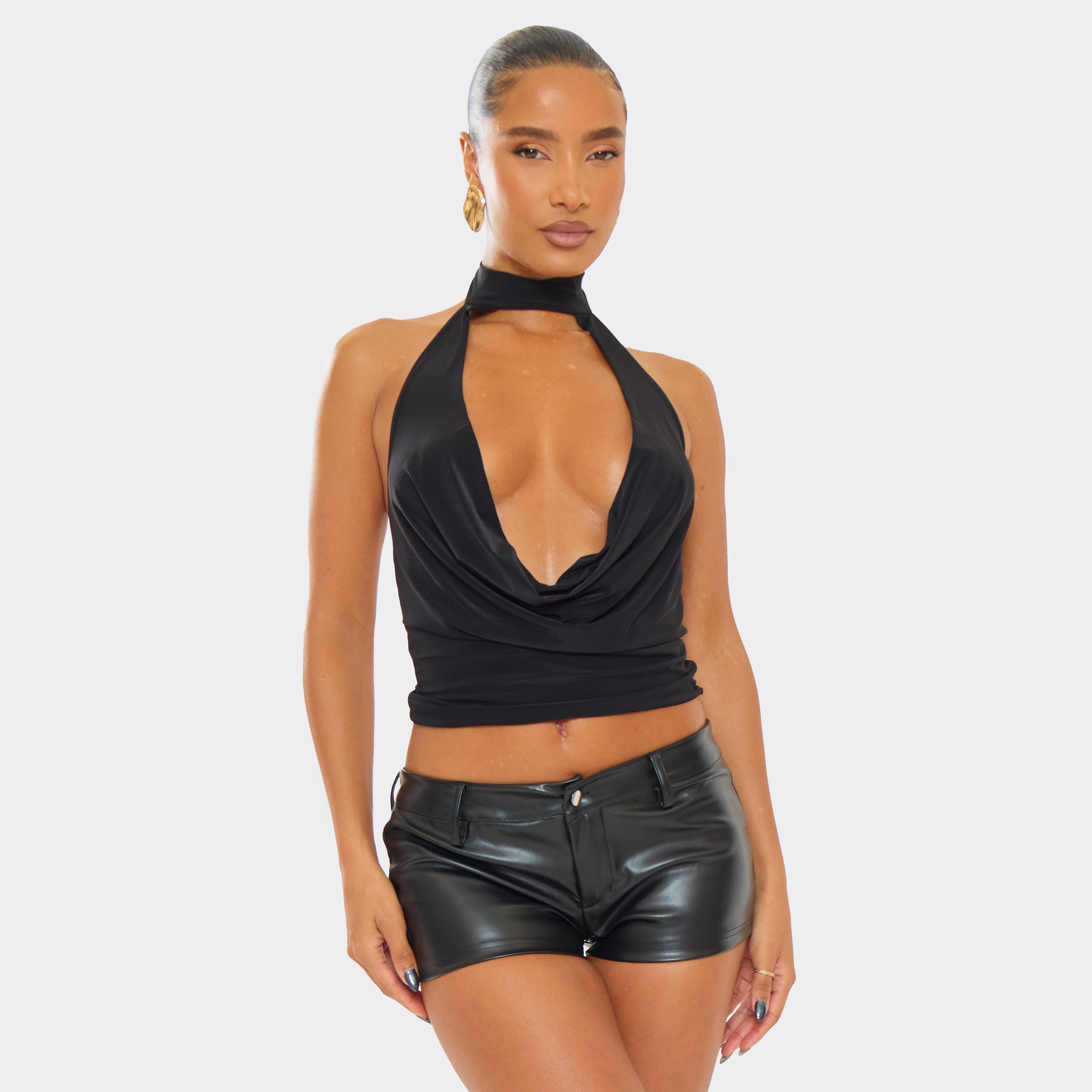 Image of Choker Neck Plunge Cowl Detail Top In Black Slinky, Women's