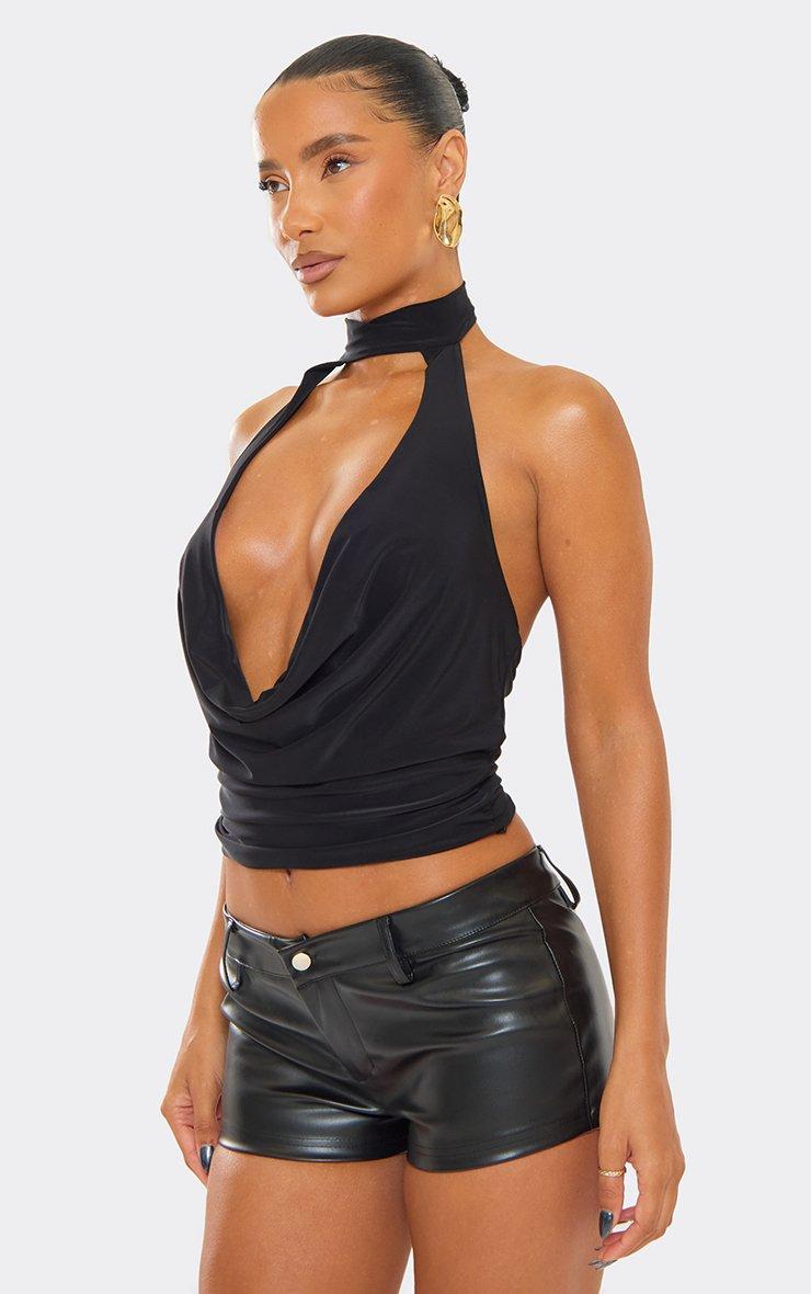 Halterneck Textured Ring Detail Cross Over Crop Top In Black