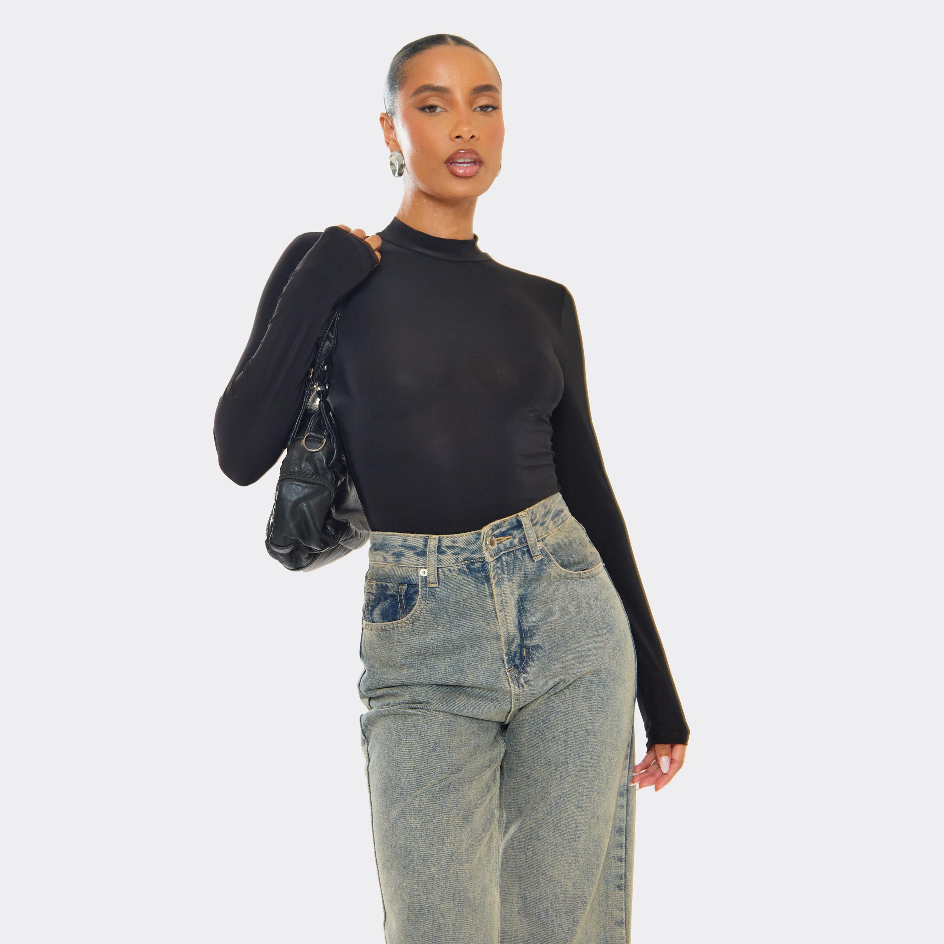 Long Sleeve High Neck Bodysuit In Black, Women’s