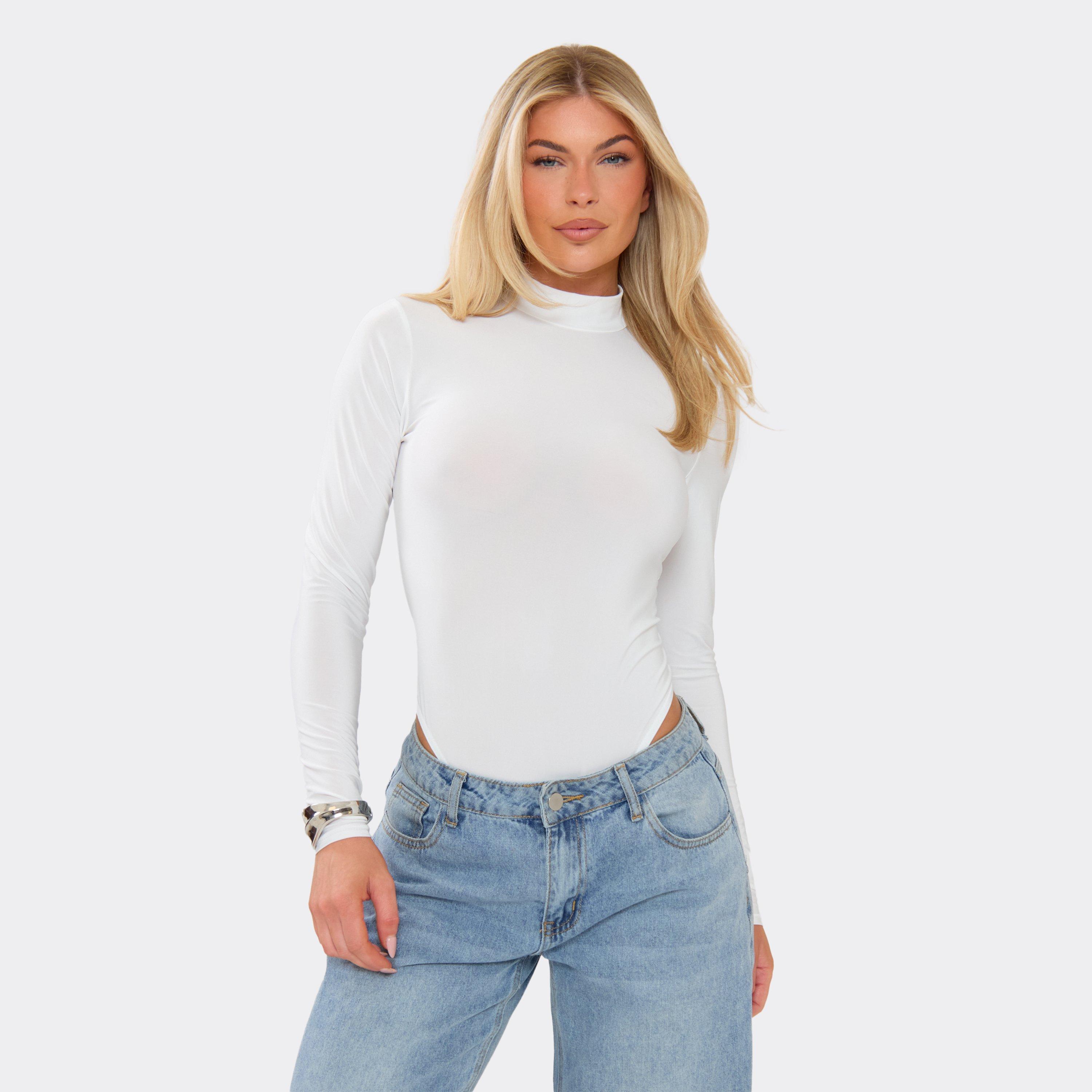 Long Sleeve Sheer High Neck Bodysuit In White, Women’s