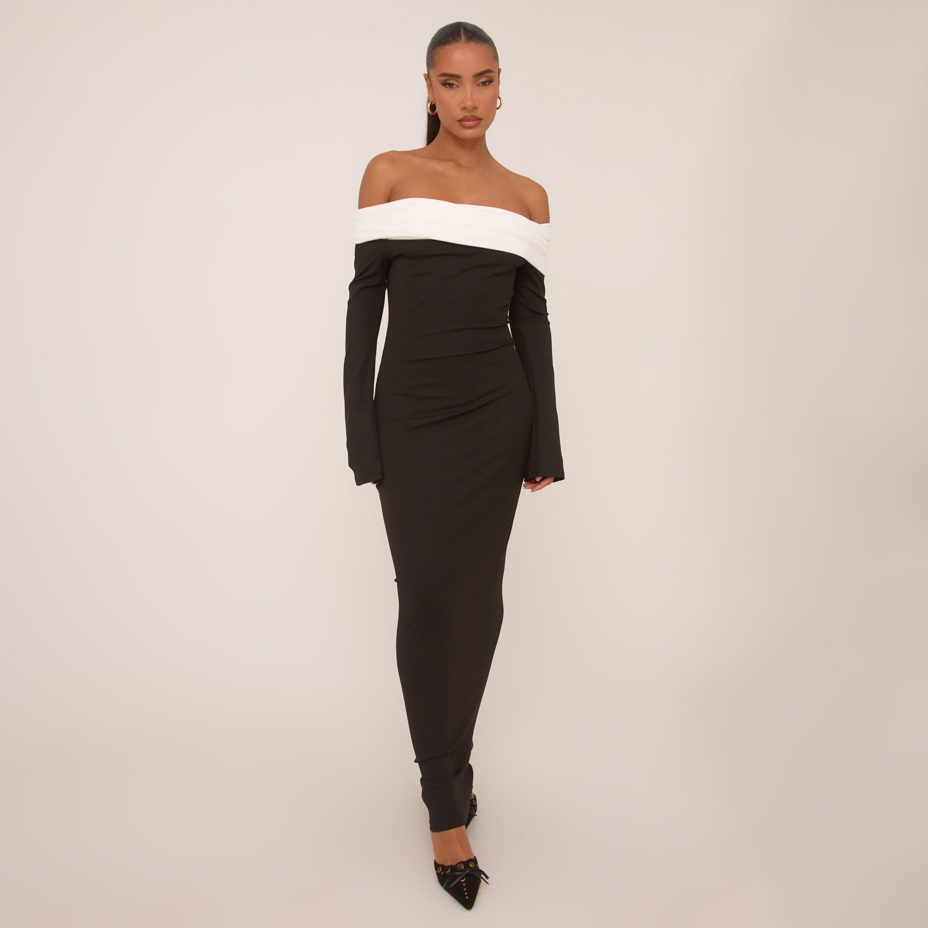 Long Sleeve Contrast Bardot Maxi Dress In Black | EGO US | EGO