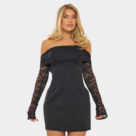 Long Sleeve Bardot A Line Mini Dress In Black Lace, Women's Size US