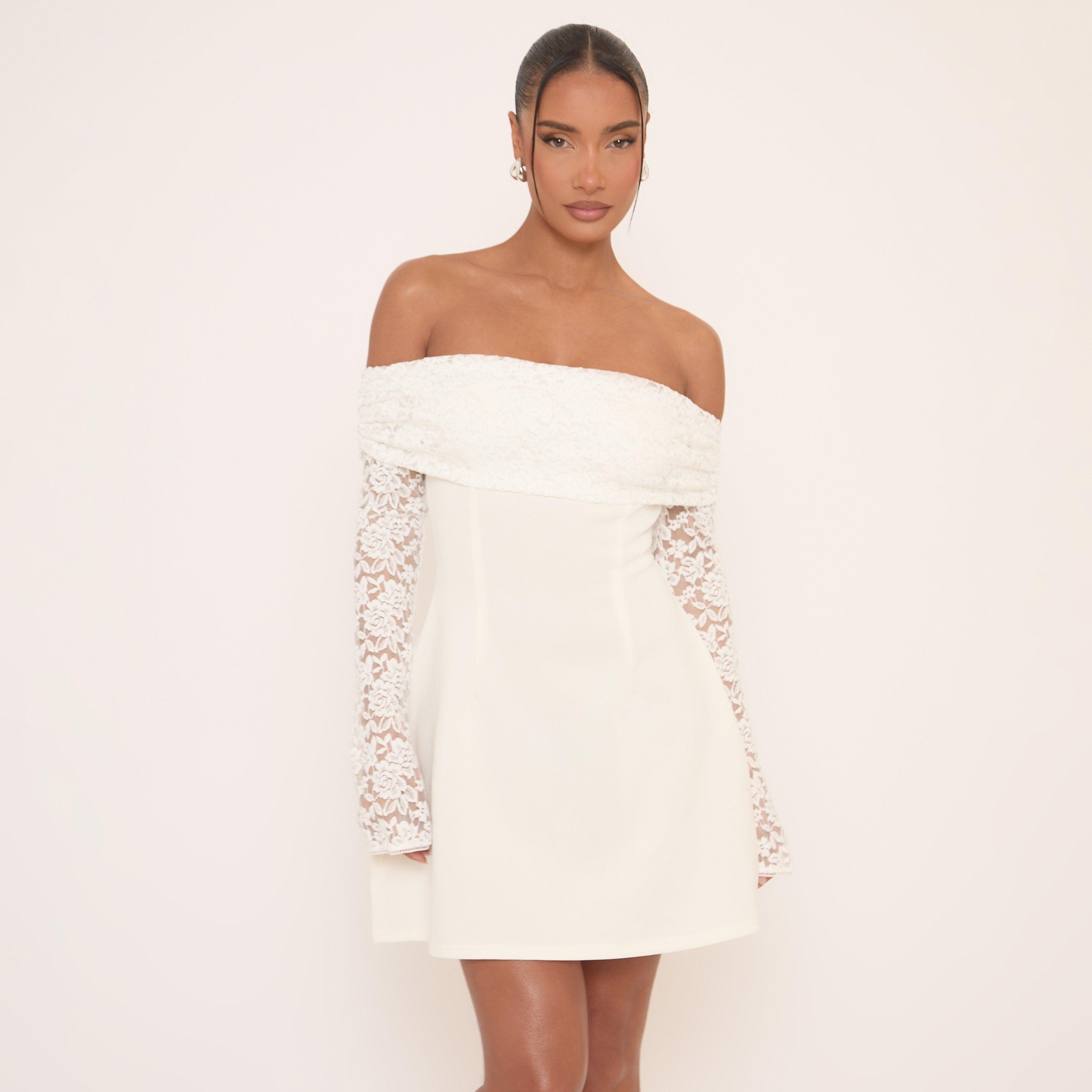 little white lace dress Livia One Shoulder Ruffle Mini as well as feather and flower handmade appliques Emerson Puff Sleeve White Mini