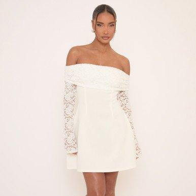 Long Sleeve Bardot A Line Mini Dress In White Lace, Women’s