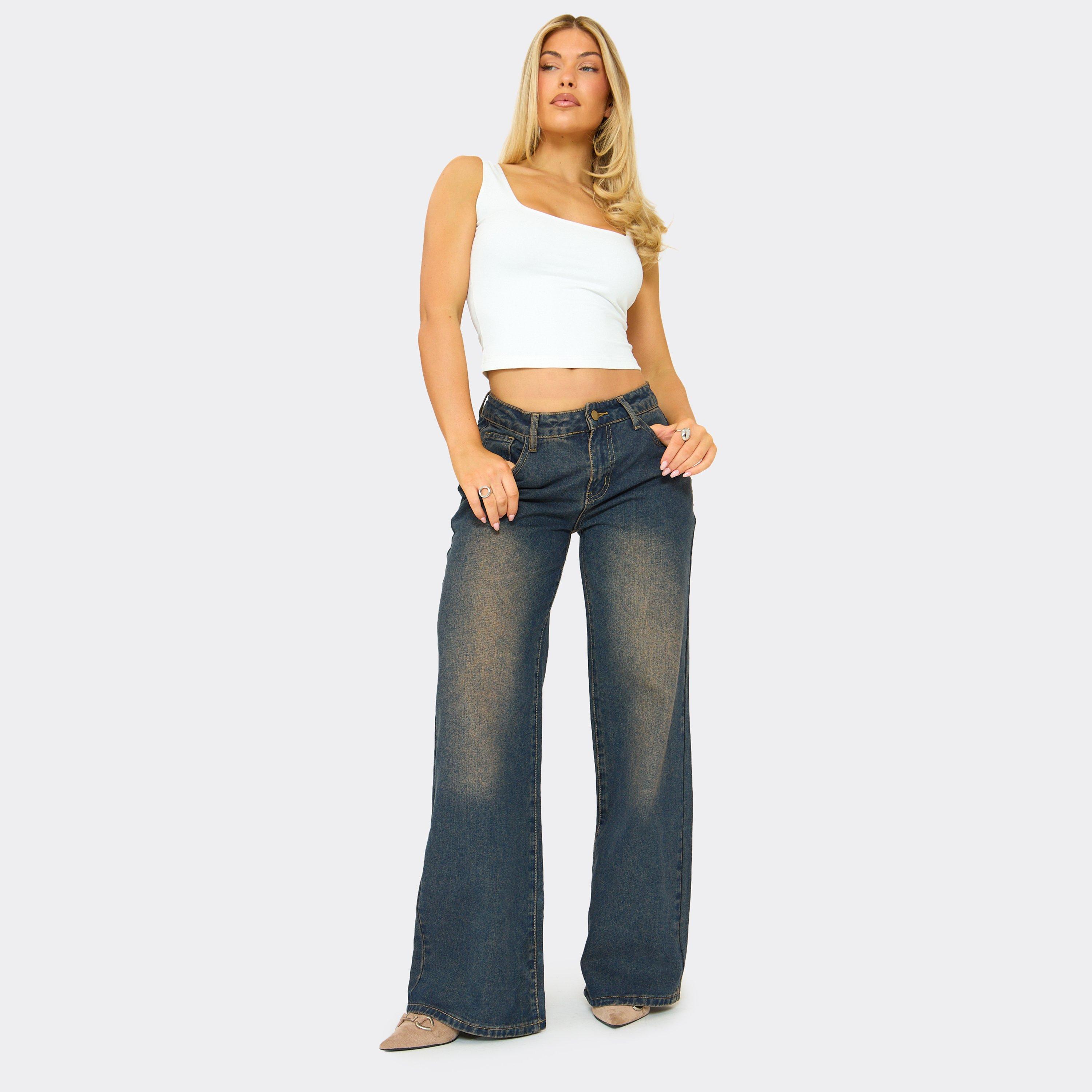 Image of Extreme Low Rise Wide Leg Jeans In Washed Dark Blue Denim, Women's