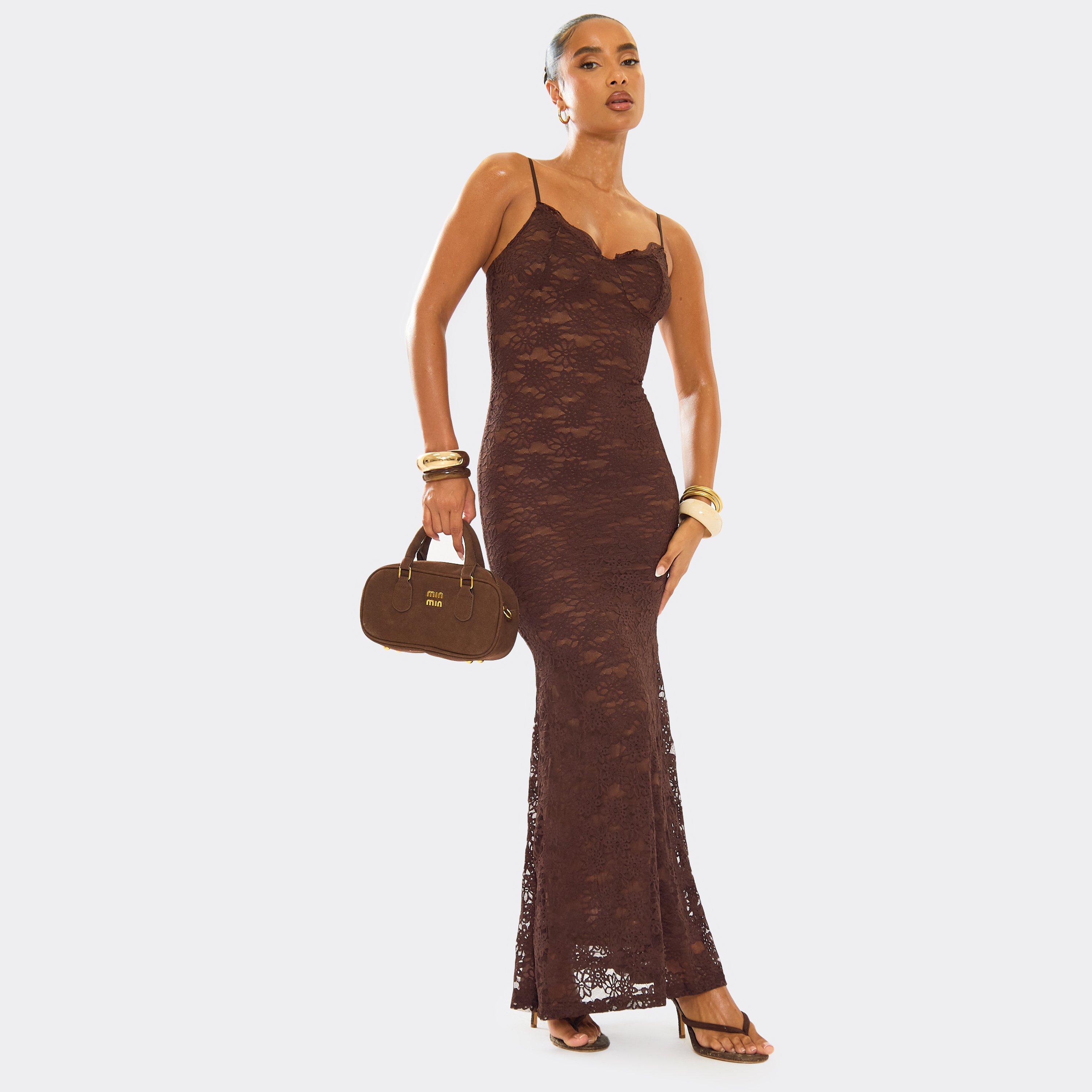 Strappy Cupped Detail Maxi Dress In Brown Lace, Women’s
