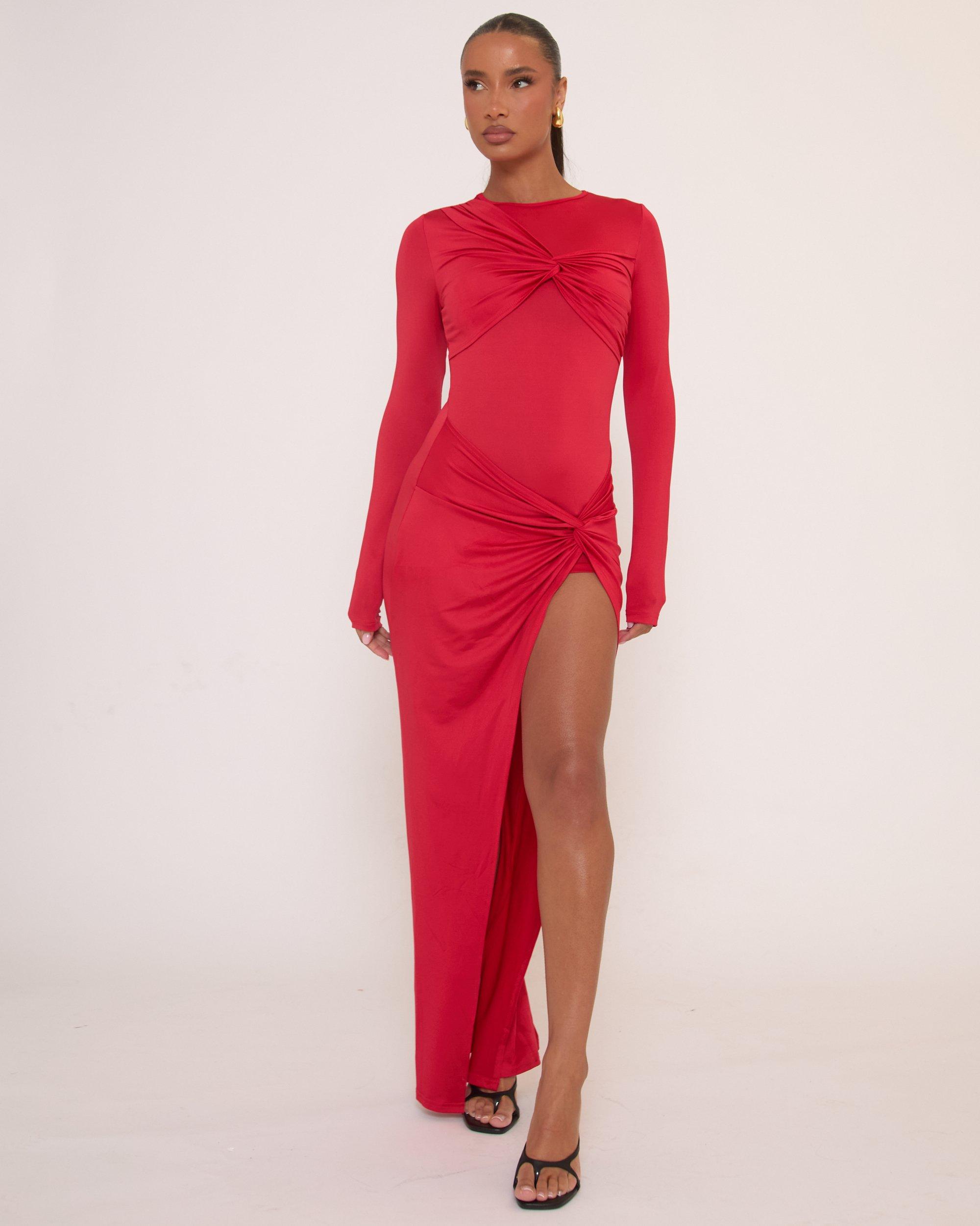 knee length dresses for ladies Red Maxi Dress With Ruffle Split main image 1