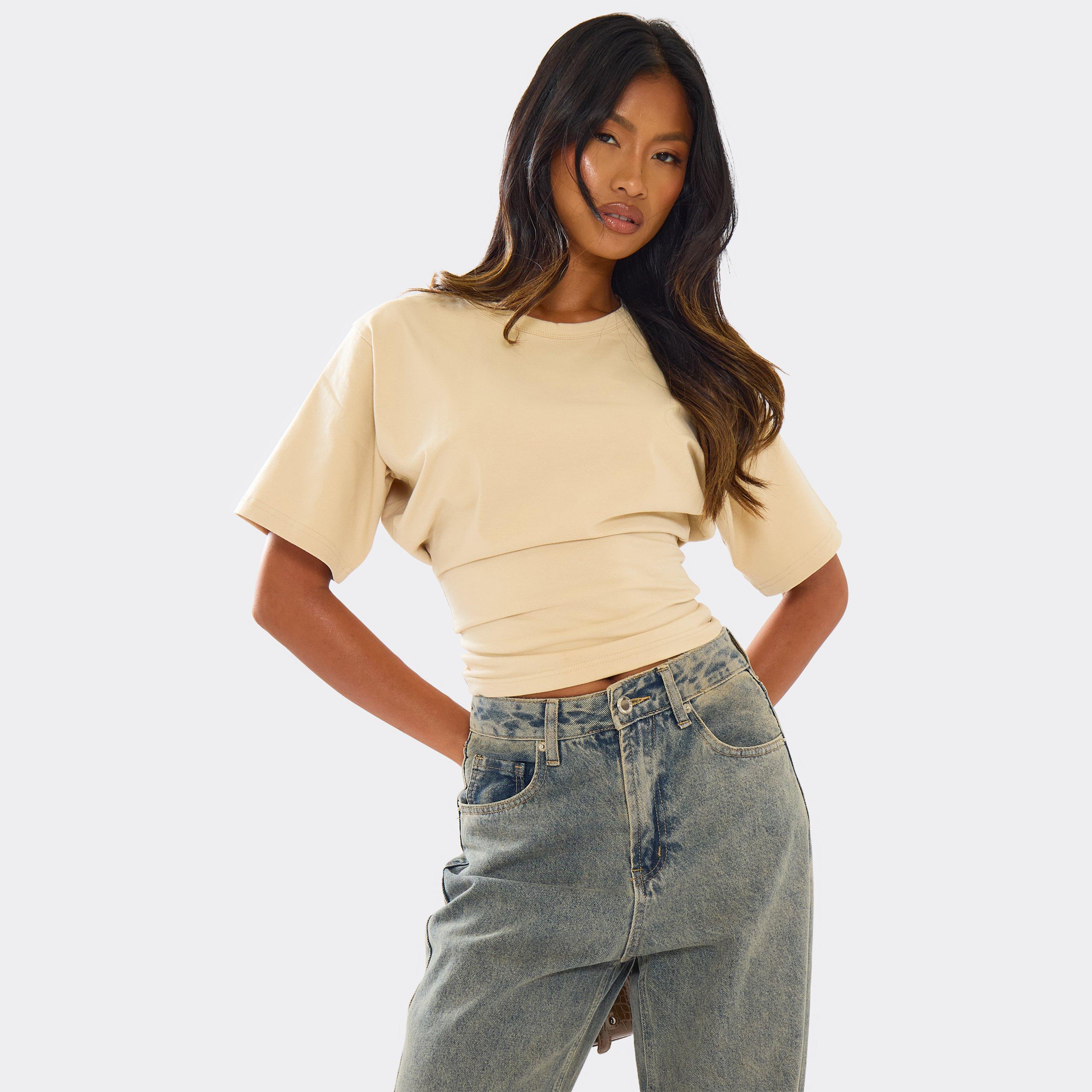 Image of Short Sleeve Cinched Waist Fitted T-Shirt In Stone, Women's