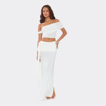 Mid Rise Ruched Tie Detail Maxi Skirt In Cream Slinky, Women's Size US