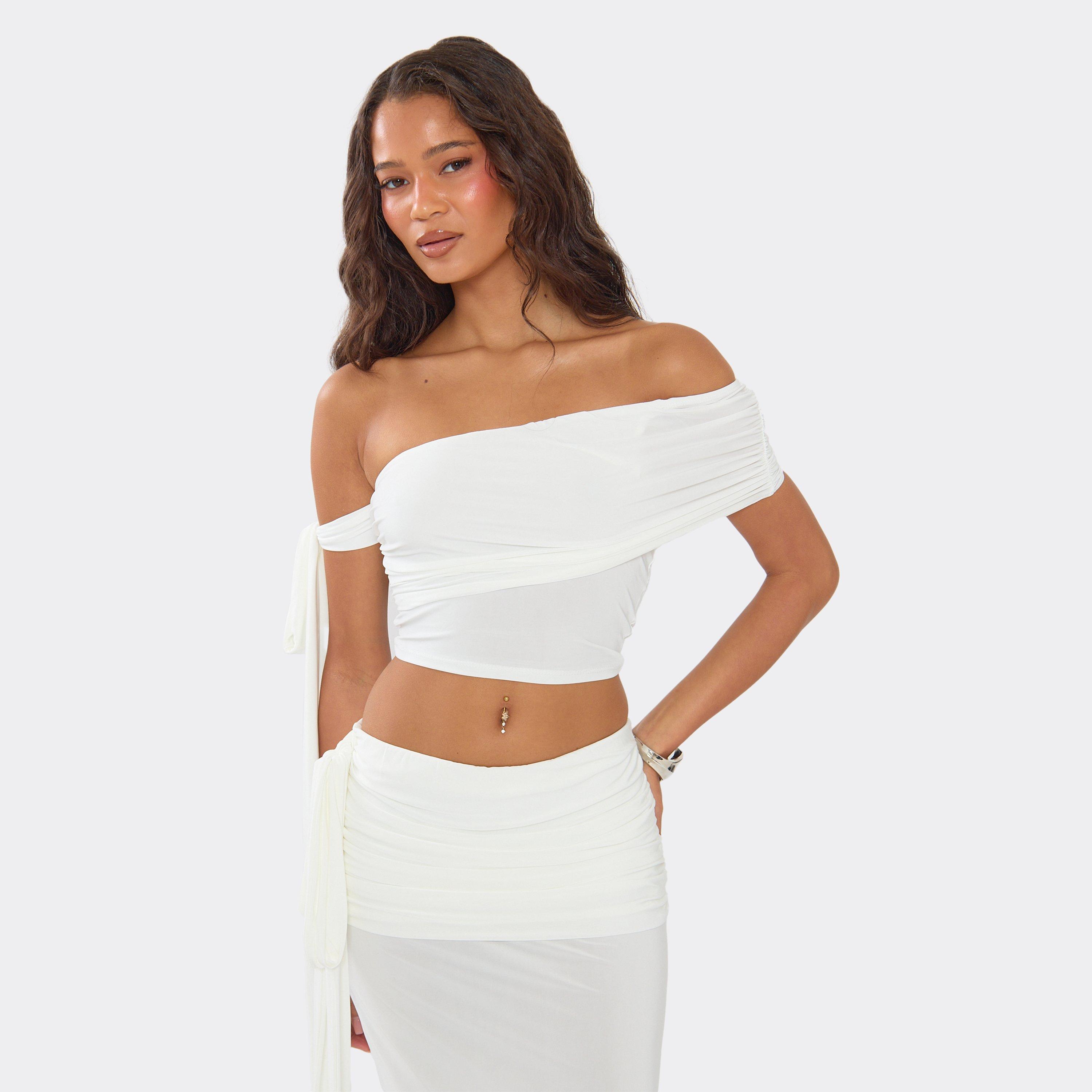 Image of Off The Shoulder Tie Detail Crop Top In Cream Slinky, Women's