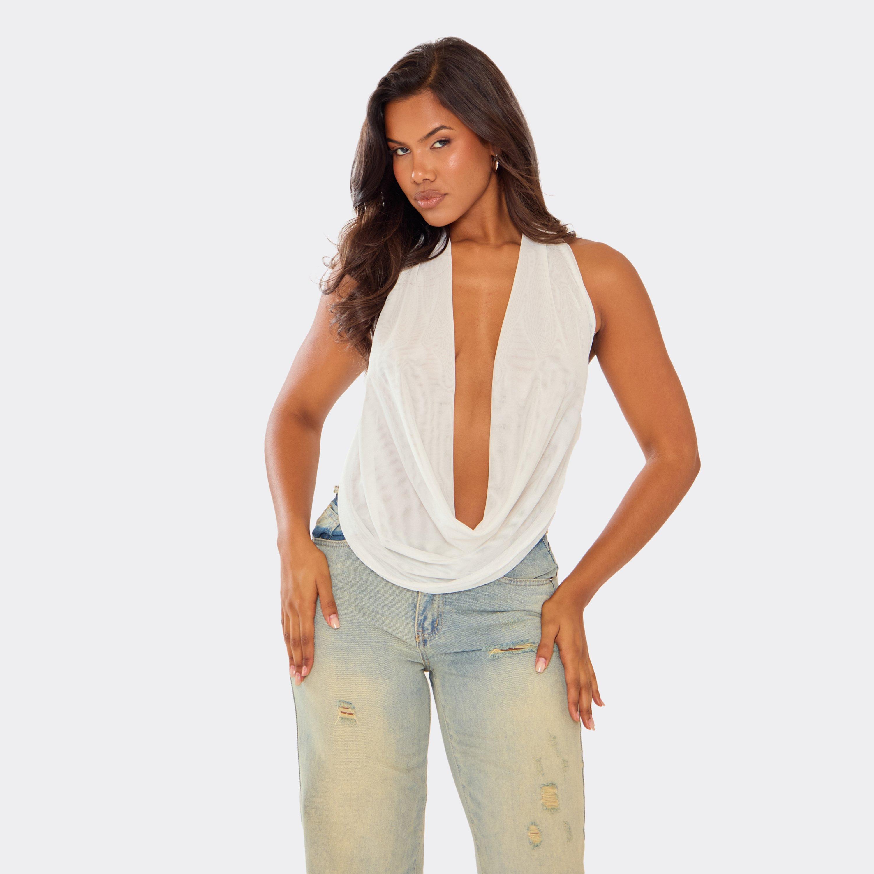 Image of Extreme Cowl Halterneck Top In White Mesh, Women's