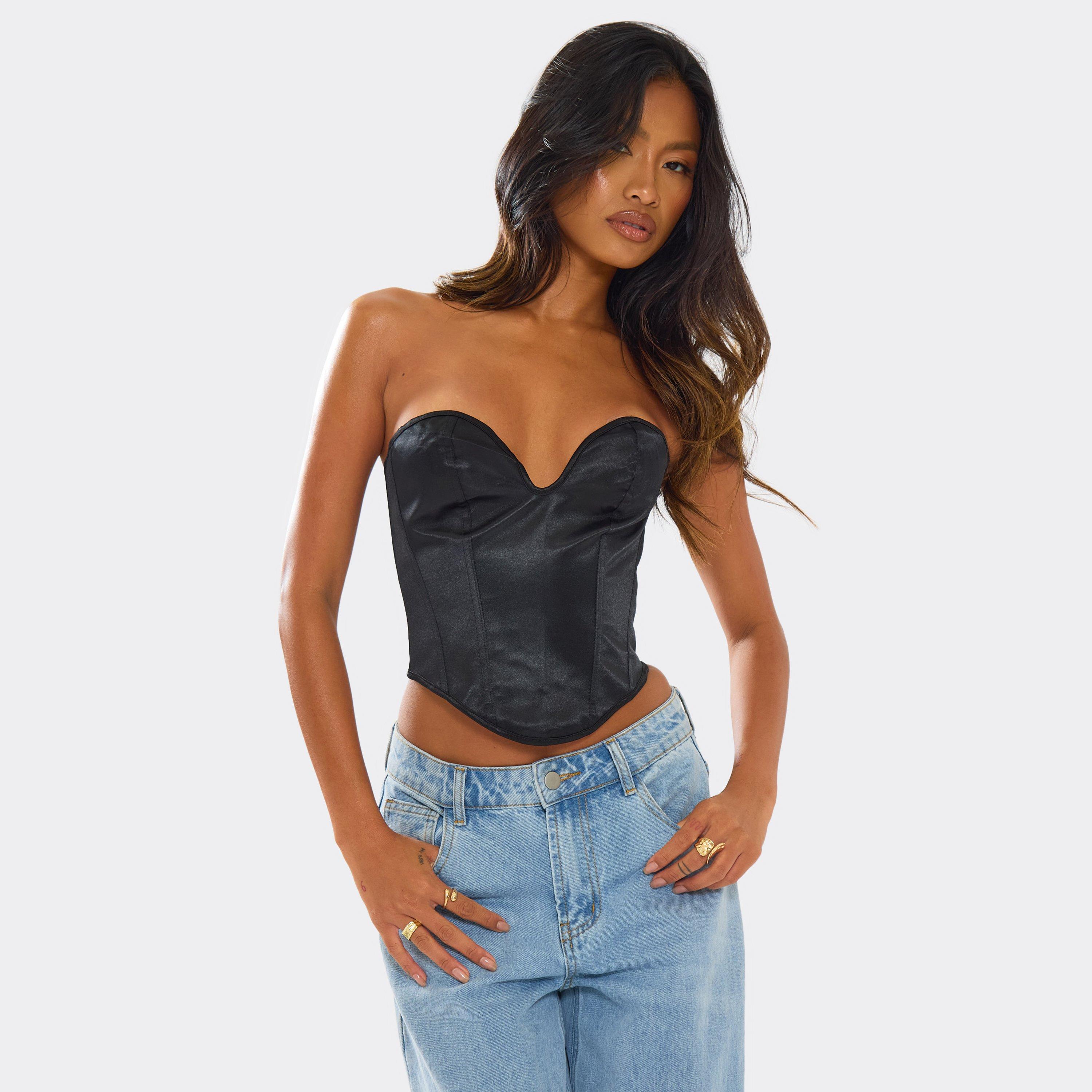 Bandeau Corset Top In Black Satin, Women’s