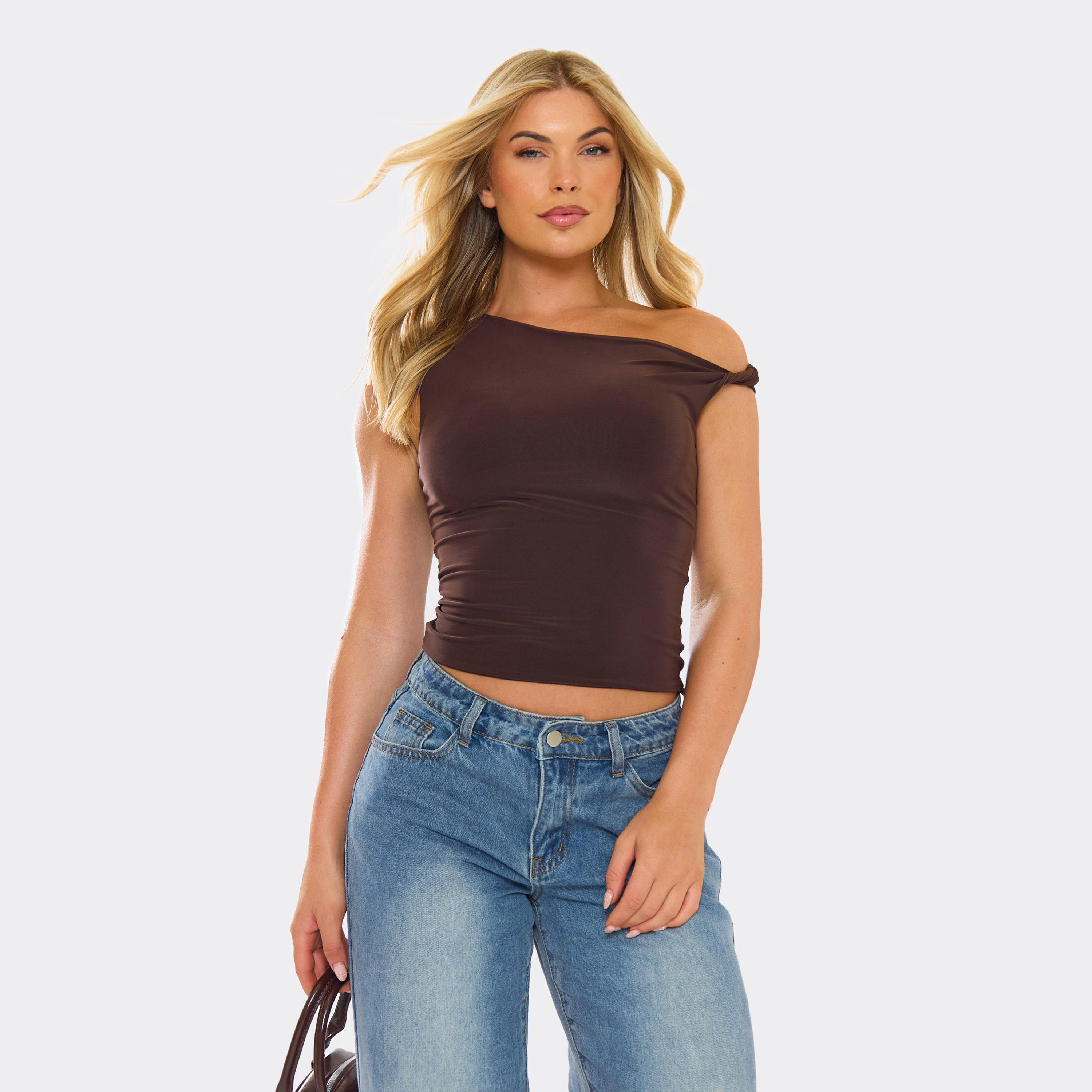 Image of Twist Strap Detail Top In Brown Slinky, Women's