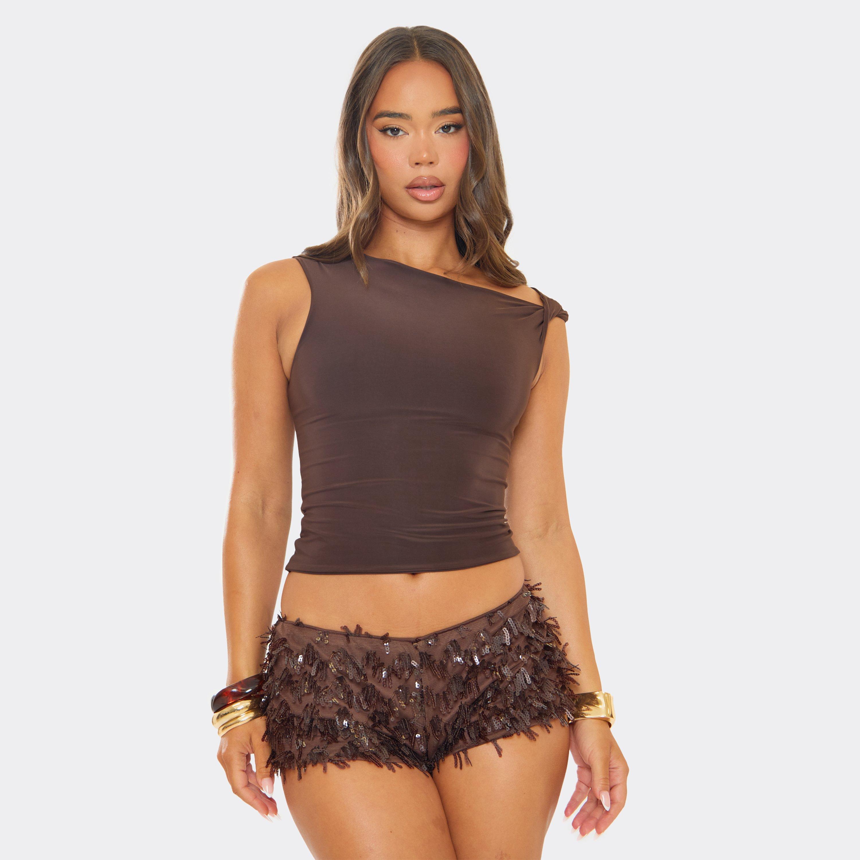 Low Waist Micro Shorts In Chocolate Brown Sequin, Women’s