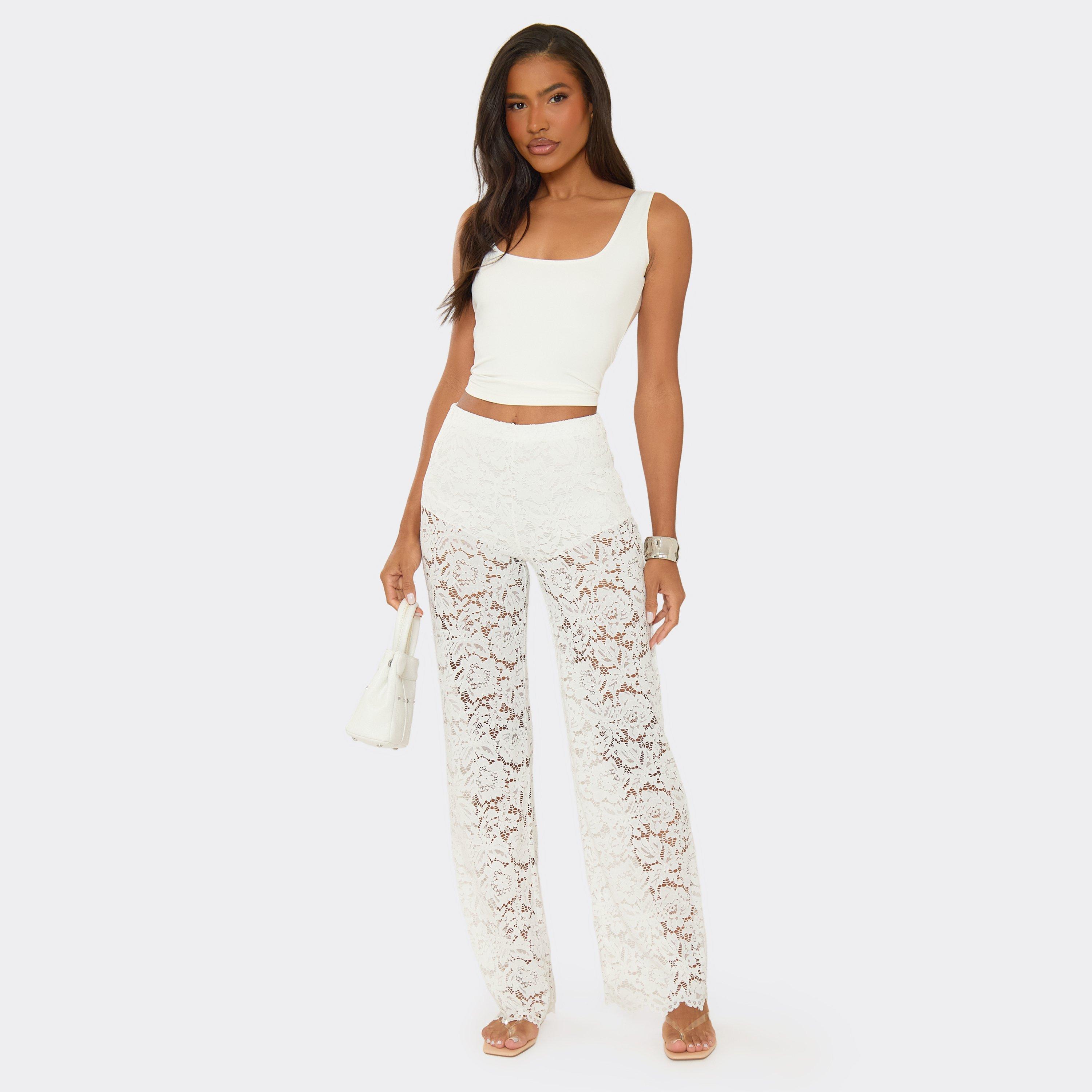 Mid Rise Hot Pant Flared Leggings In White Lace, Women's Size UK M