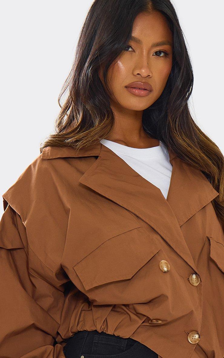 Long Sleeve Cinched Waist Cropped Trench Coat In Chocolate