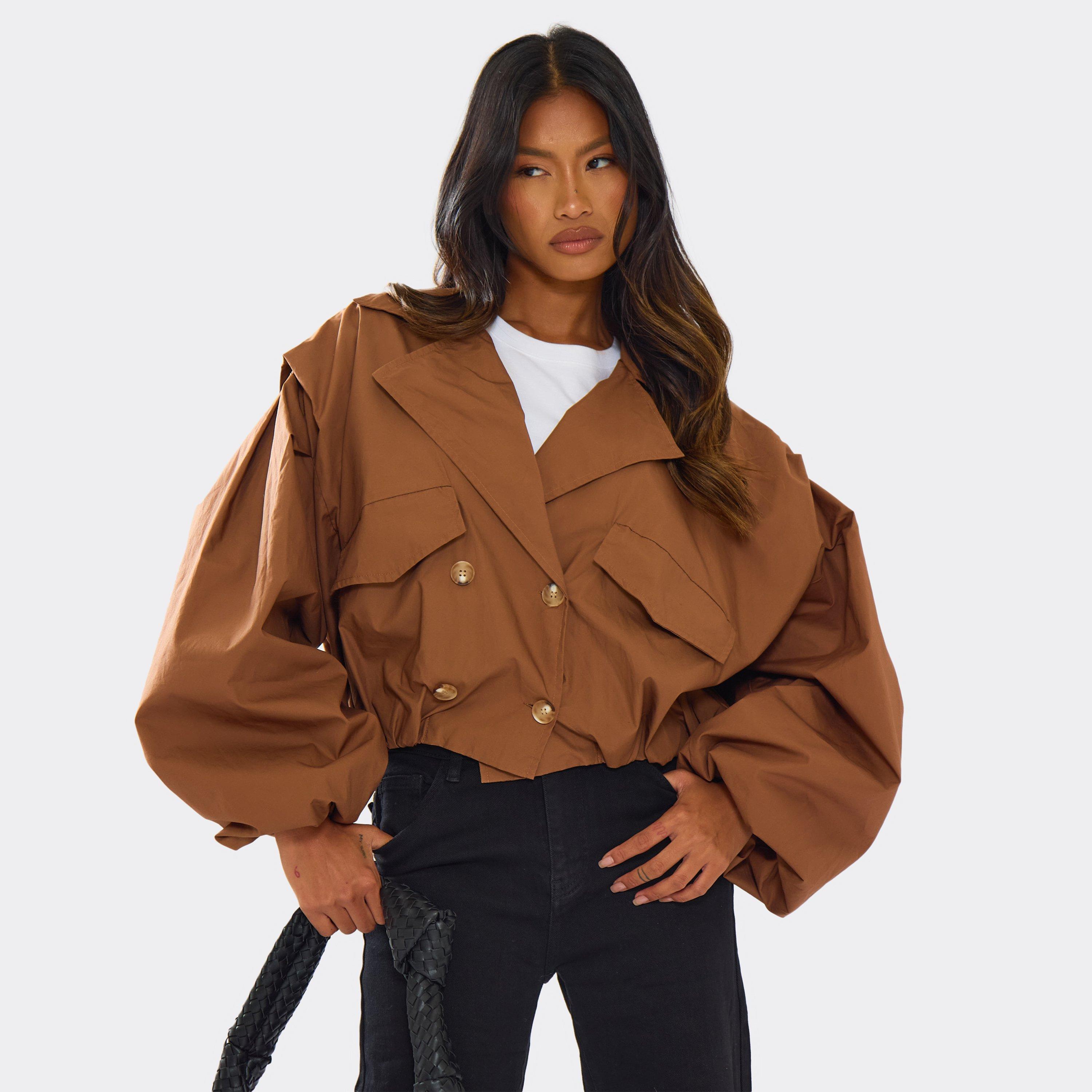 Long Sleeve Cinched Waist Cropped Trench Coat In Chocolate Brown, Women's Size UK S