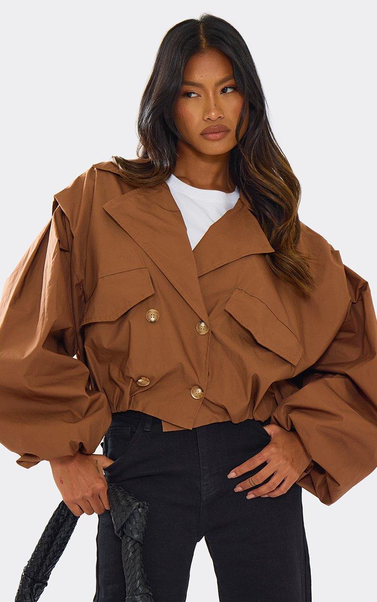Long Sleeve Cinched Waist Cropped Trench Coat In Chocolate Brown