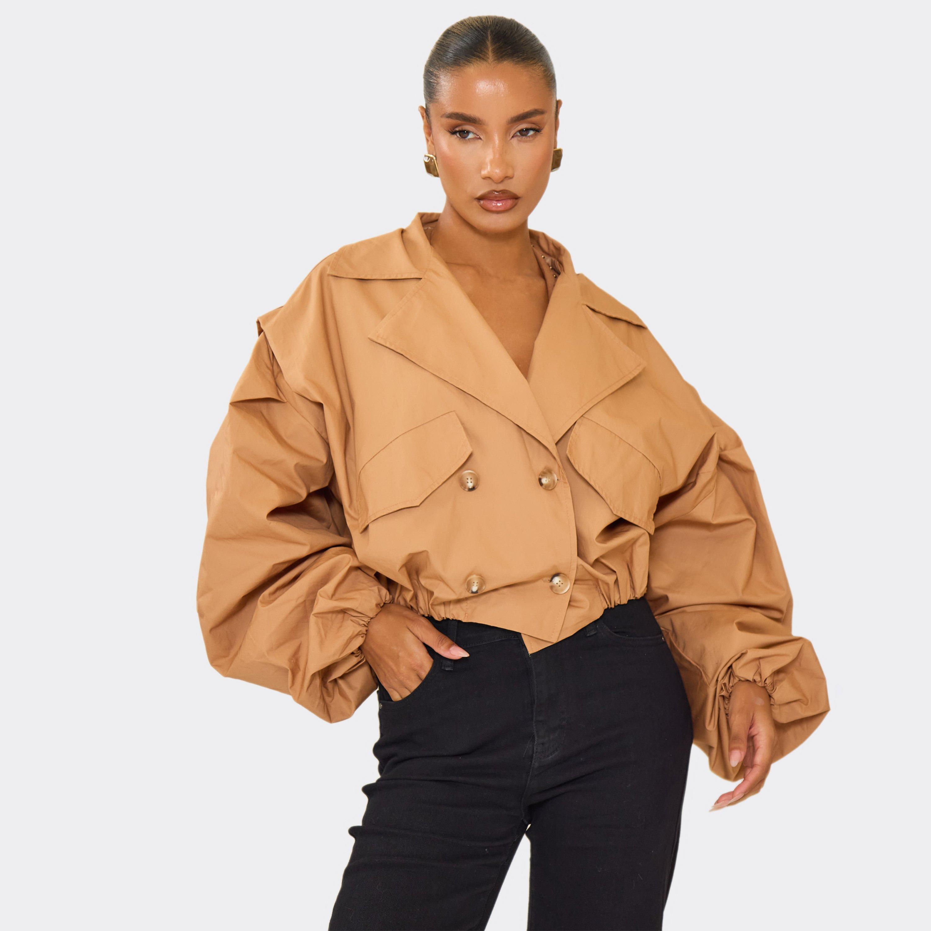 Long Sleeve Cinched Waist Cropped Trench Coat In Light Brown, Women's Size UK S