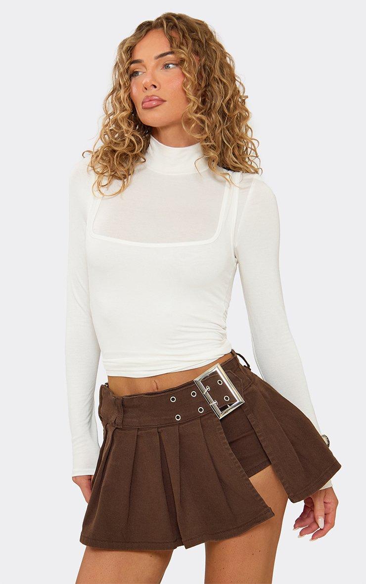 Mid Rise Chunky Belt Detail Side Split Pleated Mini Skort In Brown Denim.