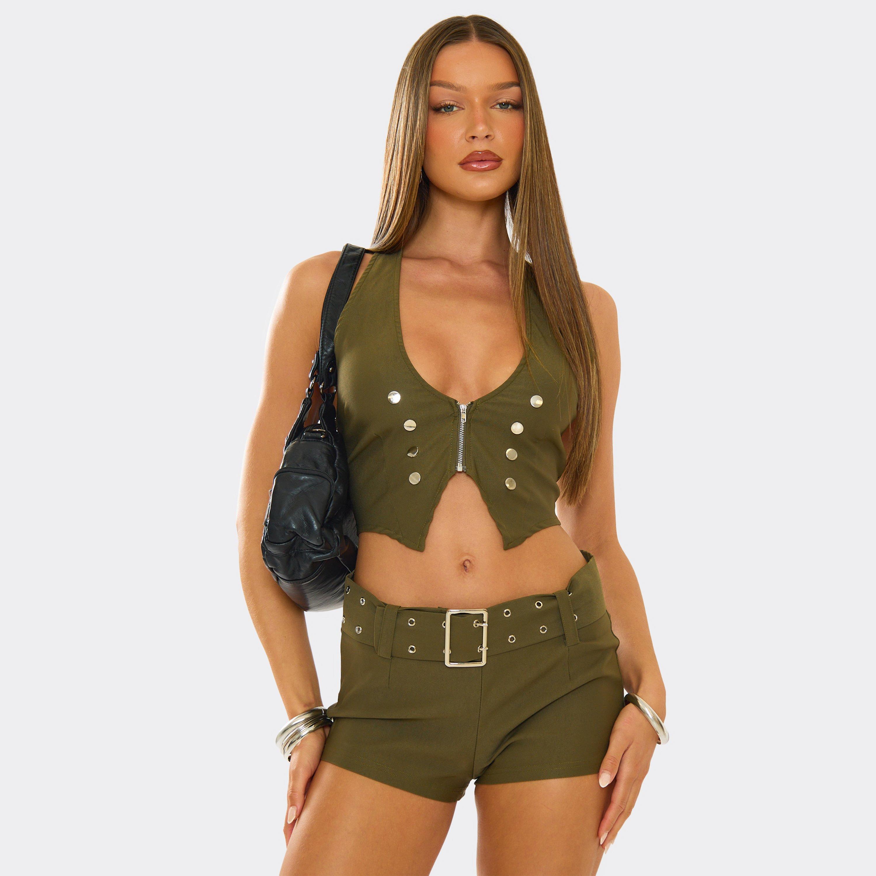 Image of Halterneck Stud Detail Crop Top In Khaki Green, Women's