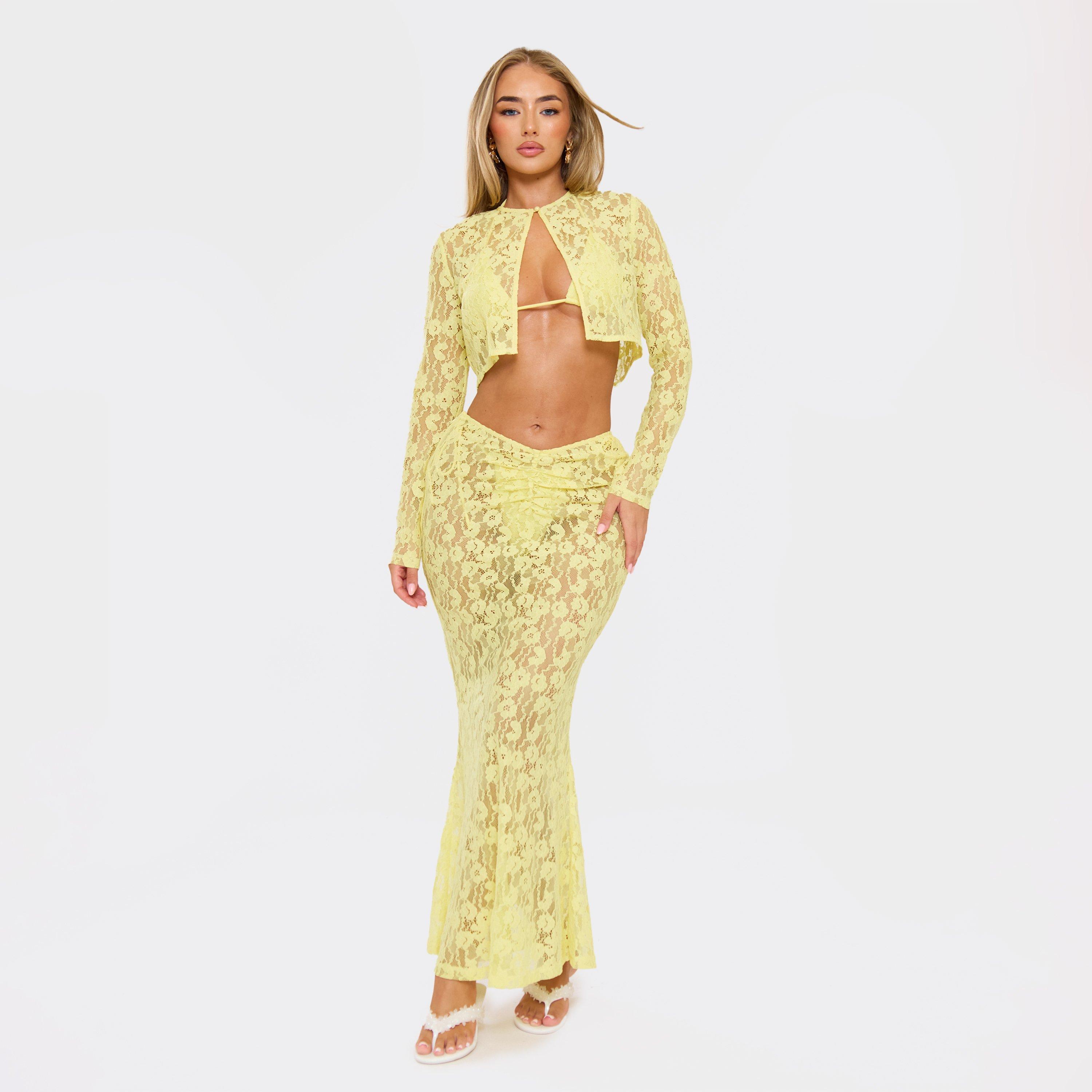 Dipped Waist Ruched Front Maxi Skirt In Yellow Lace, Women’s