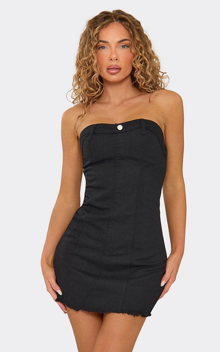 Bandeau Button Detail Fitted Mini Dress In Black Denim