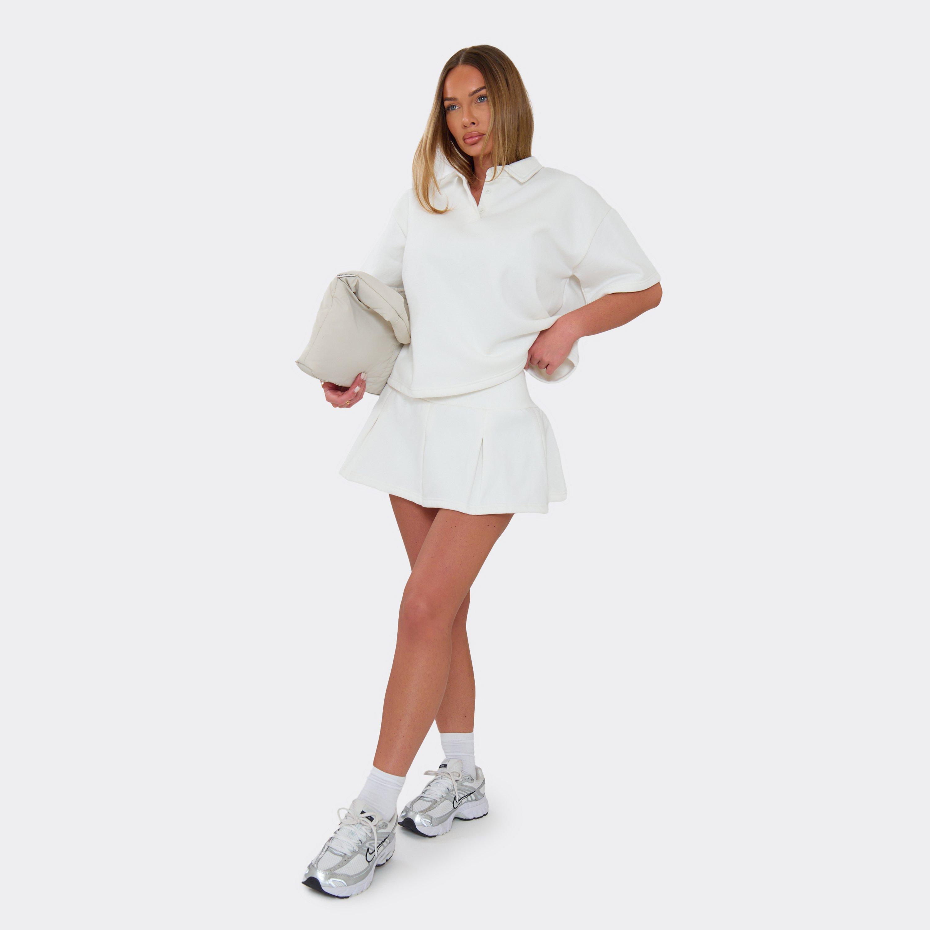 Ribbed Waistband Detail Pleated Mini Sweat Skirt In White, Women's Size UK 8