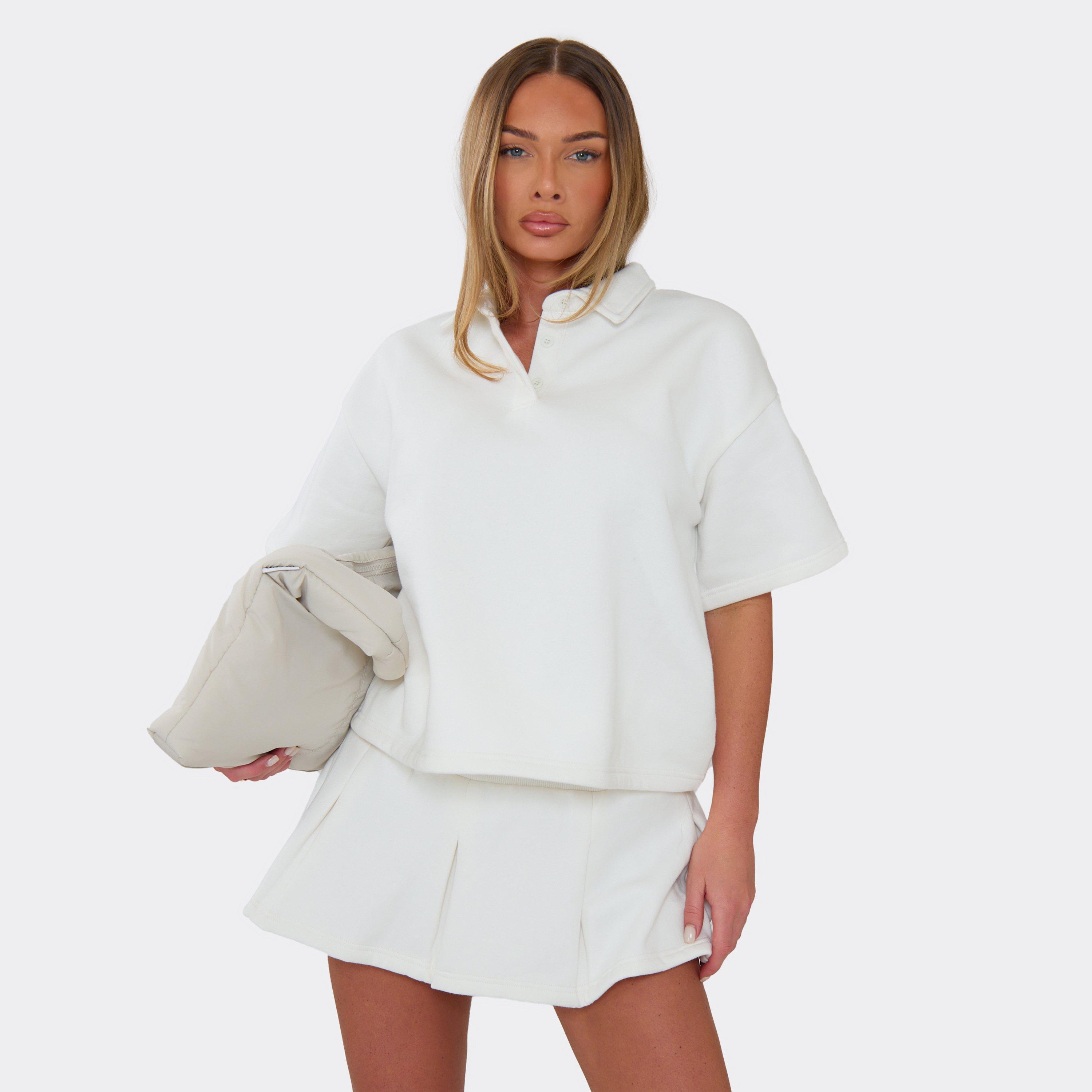 Short Sleeve Polo Collar Detail Sweatshirt In White, Women's Size UK 6