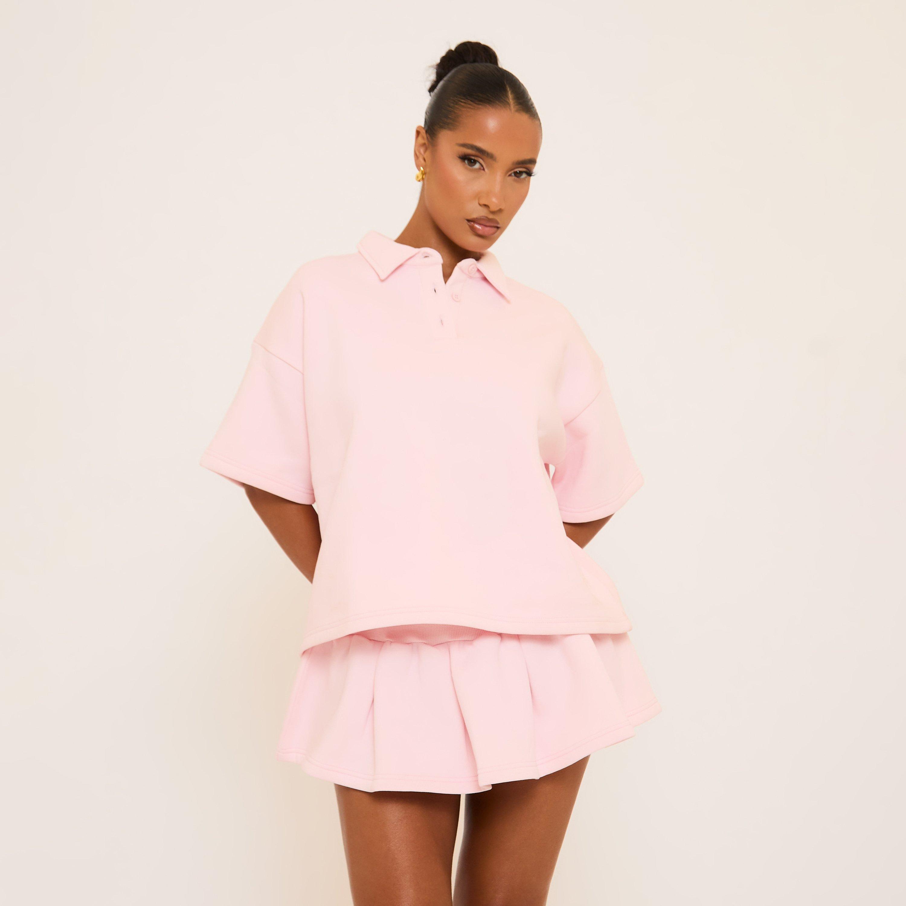 Image of Short Sleeve Polo Collar Detail Oversized Sweatshirt In Pink, Women's