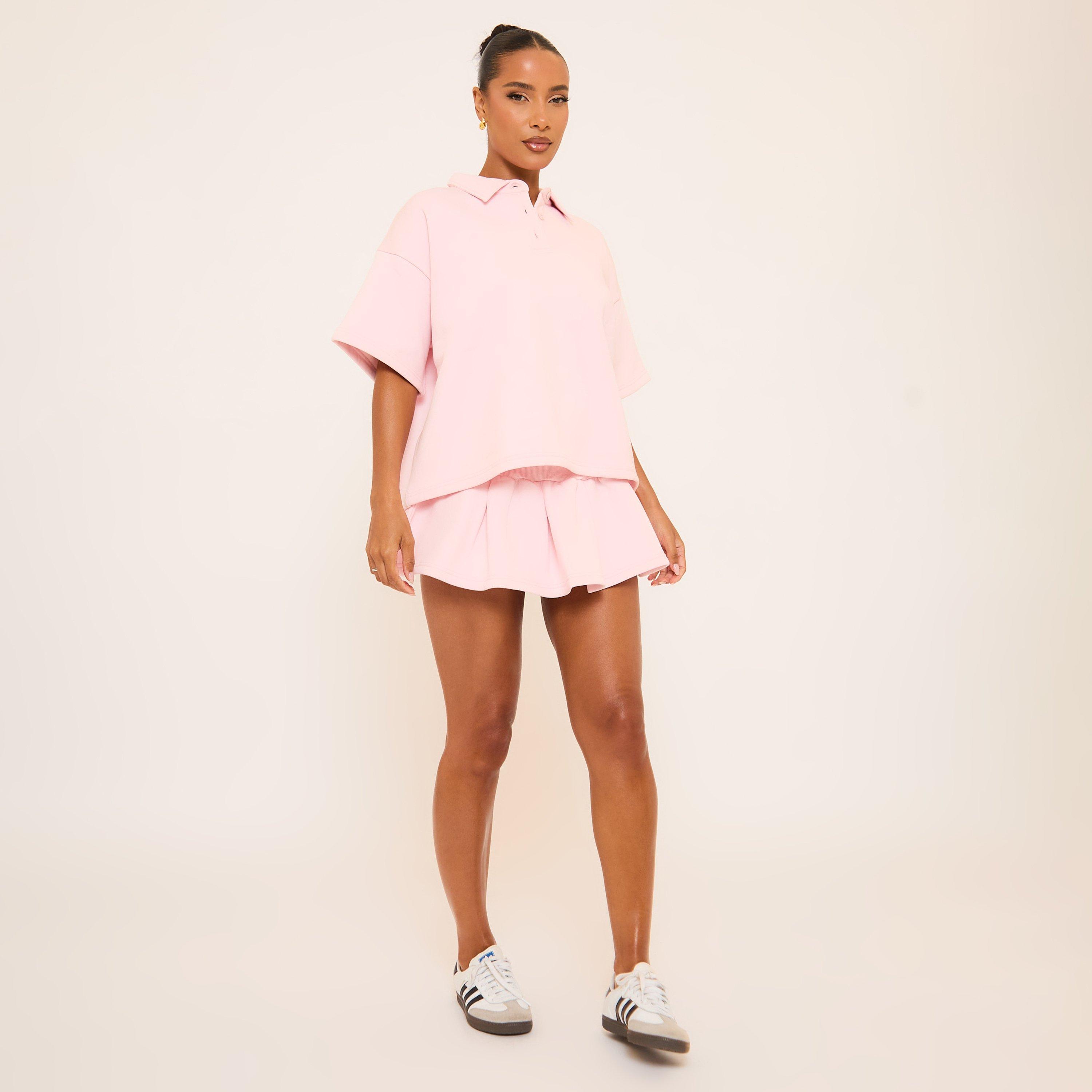 Ribbed Waistband Detail Pleated Mini Sweat Skirt In Pink, Women's Size UK 4