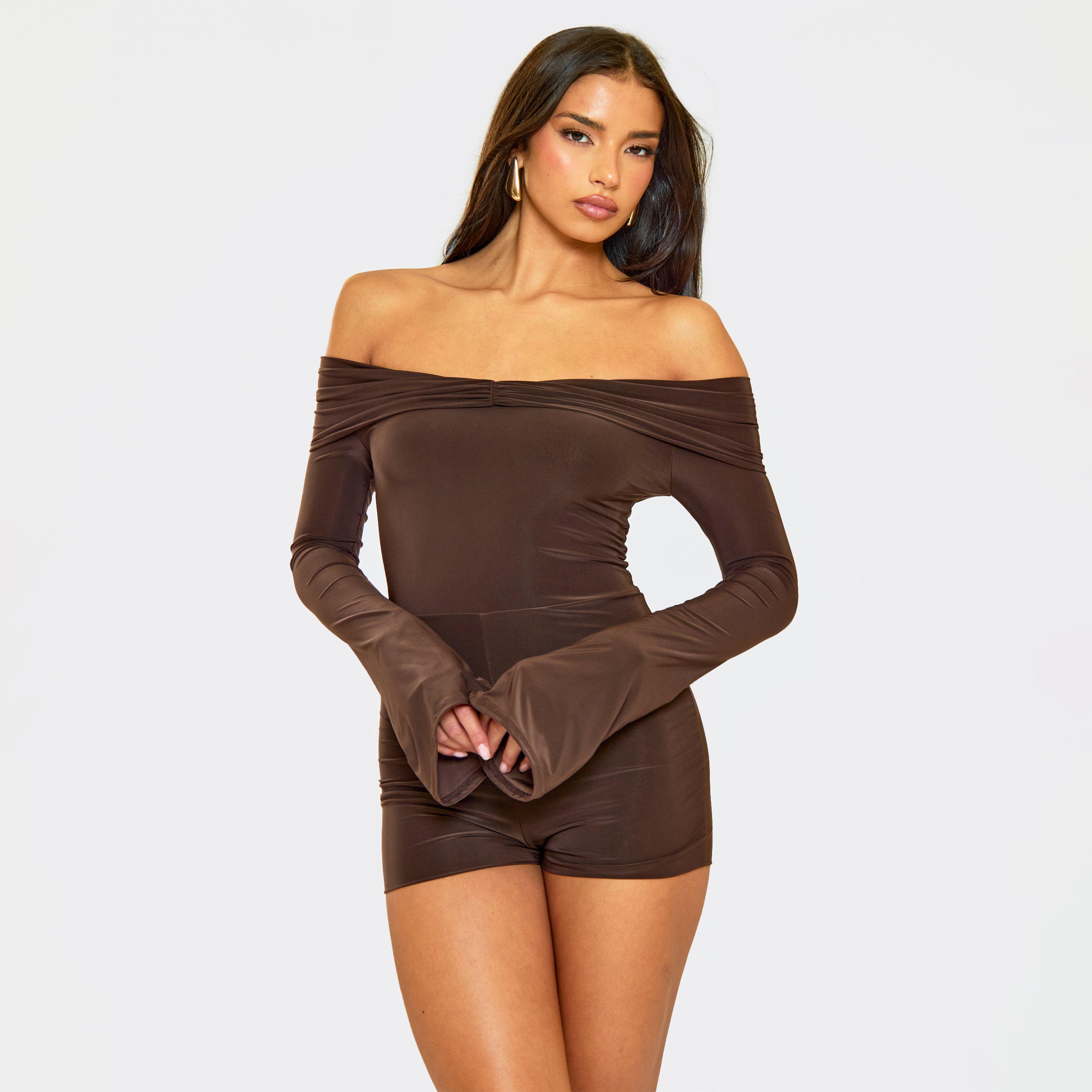Image of Flared Sleeve Bardot Ruched Front Detail Playsuit In Brown, Women's