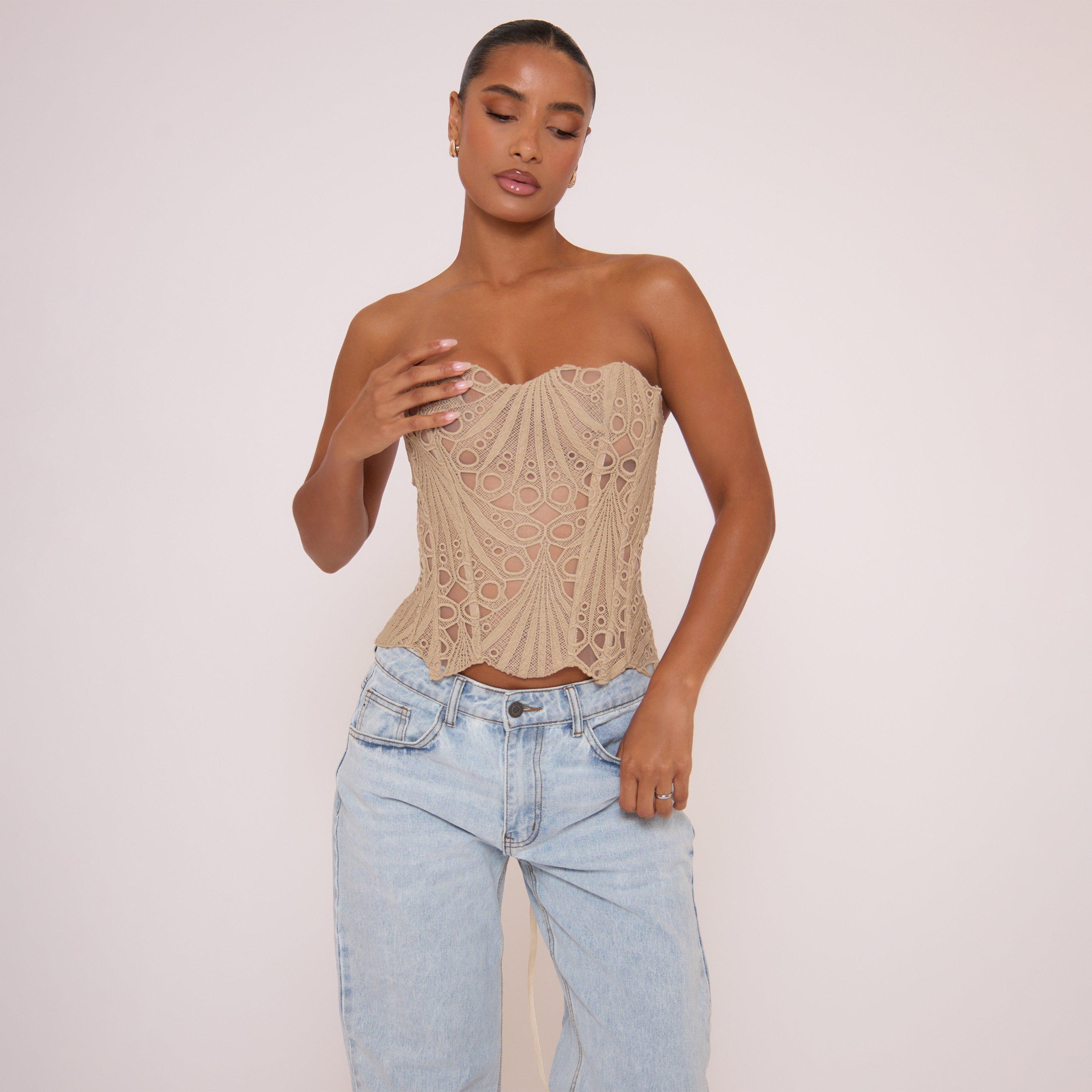 Bandeau Lace Up Back Corset Top In Beige Floral Print, Women's Size UK M