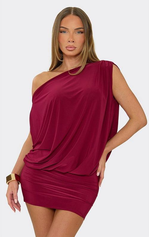 burgundy ruched asymmetric maxi dress with drape Long Sleeve Bardot Front In Slinky | EGO UK Color:Creme/Red/Blue