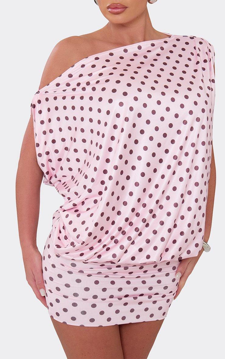 Off The Shoulder Draped Asymmetric Mini Dress In Baby Pink Polka Dot Slinky  | EGO US | EGO